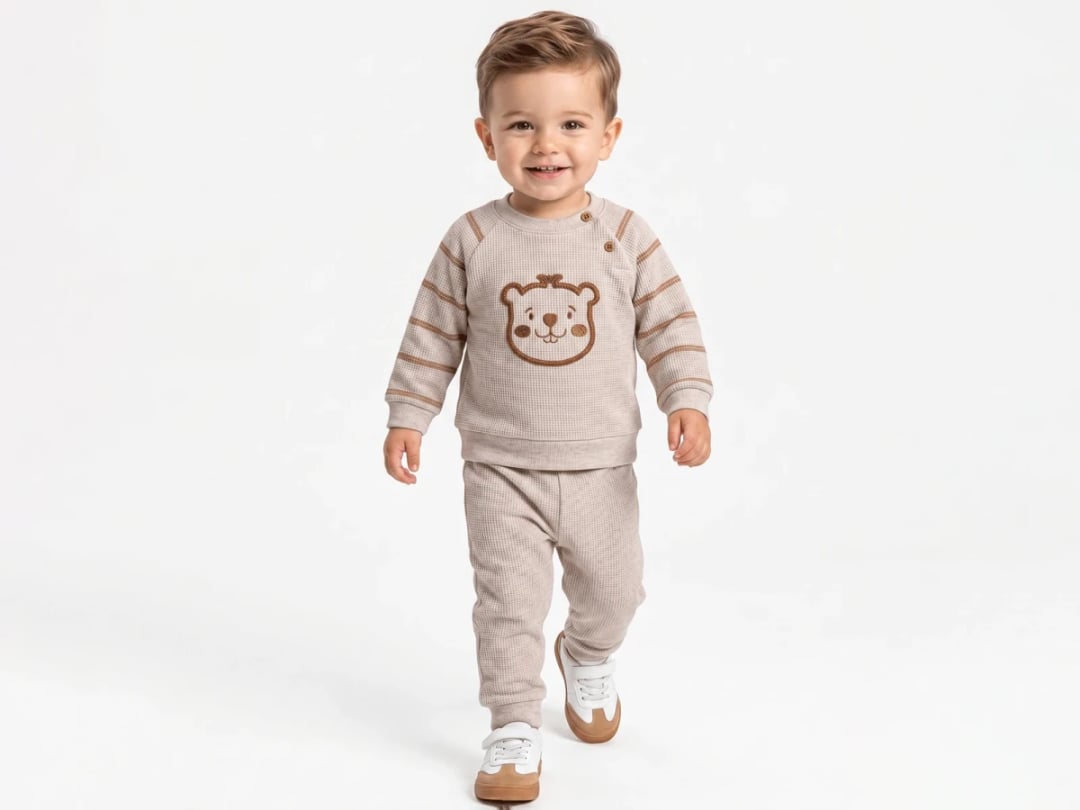 Beige Waffle Knit Baby Boy Set with Bear Embroidery (4-Pack) - Feely Kids - by Peralane