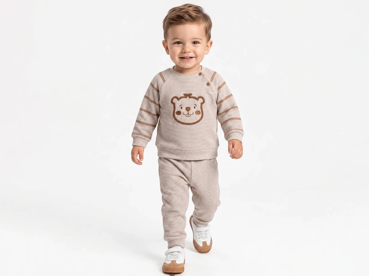 Beige Waffle Knit Baby Boy Set with Bear Embroidery (4-Pack) - Feely Kids - by Peralane