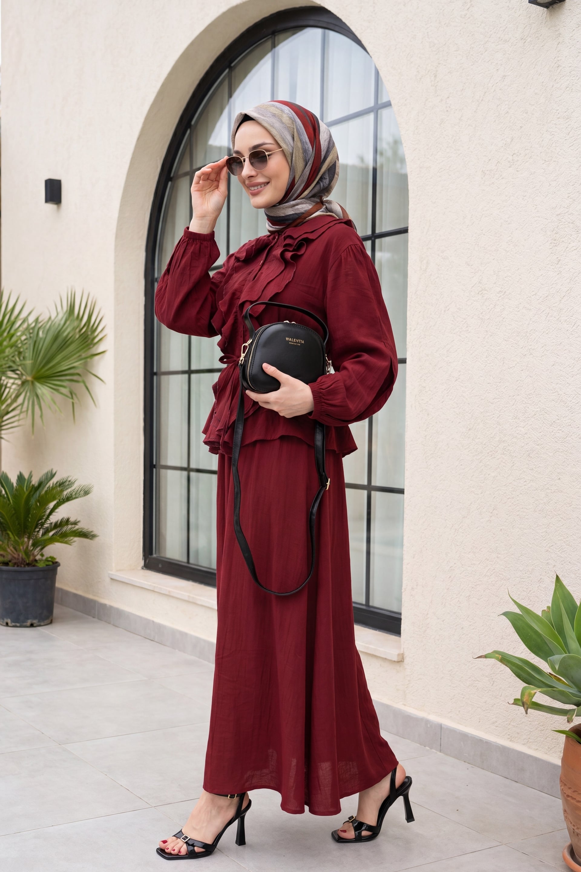 Women's Burgundy Ruffled Front Long-Sleeve Dress with Tie Waist and Flared Skirt - Podyumplus - by Peralane - photo 4