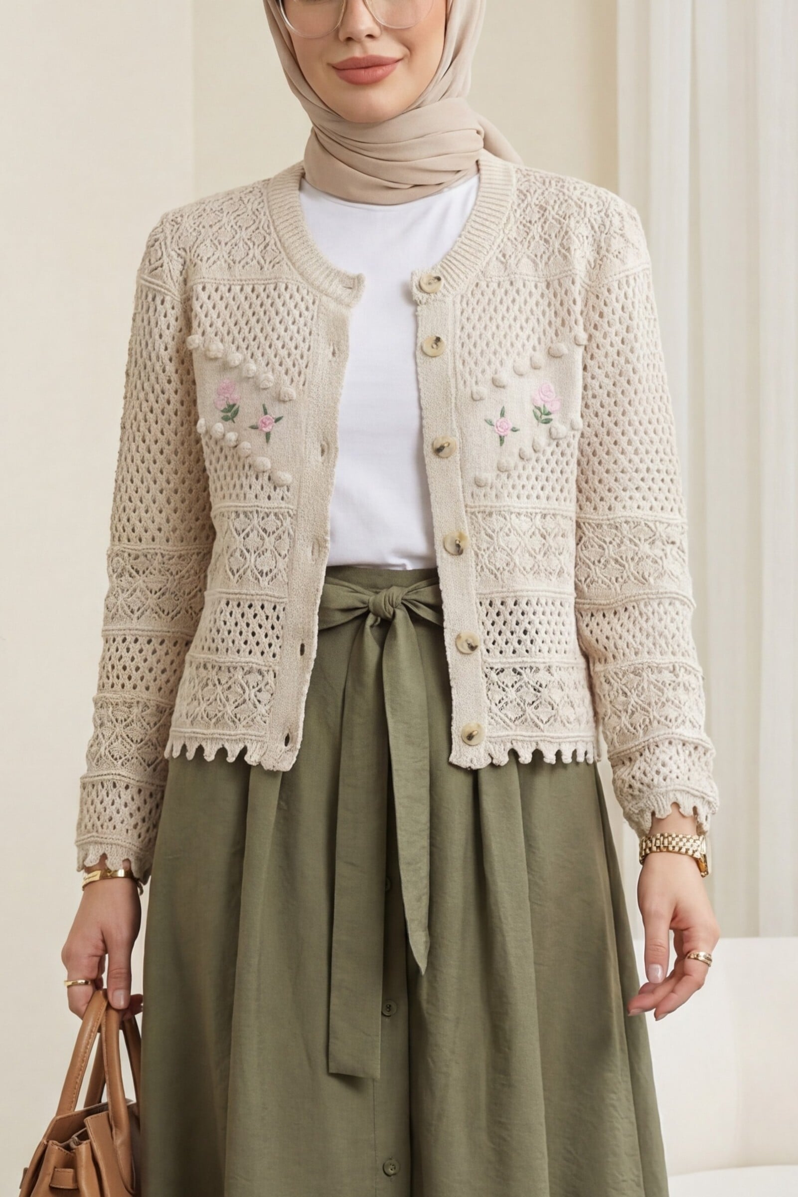 Front Floral Embroidered Pom-Pom Button Knit Cardigan - Stone - Podyumplus - by Peralane - photo 2