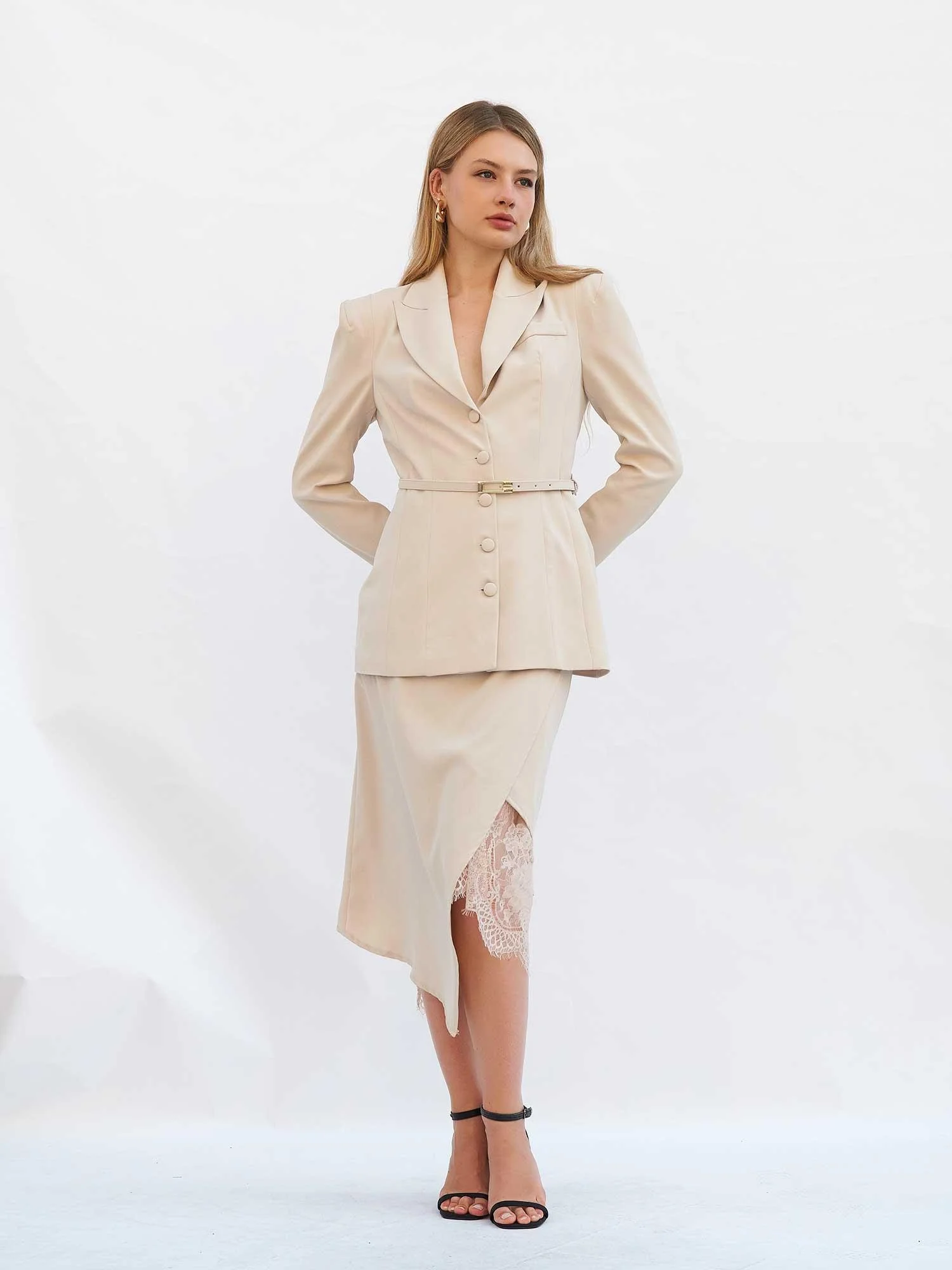 Lace Trim Midi Skirt with Asymmetric Hem in Light Beige - Lefon - by Peralane - photo 4