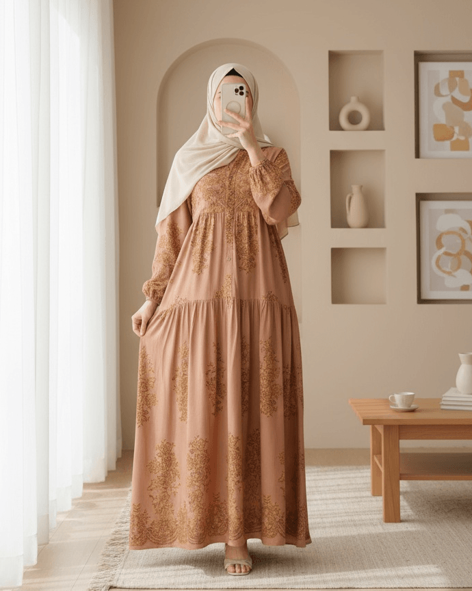 Dusty Rose Gold Floral Printed Modest Dress - Bigdart - by Peralane - photo 2