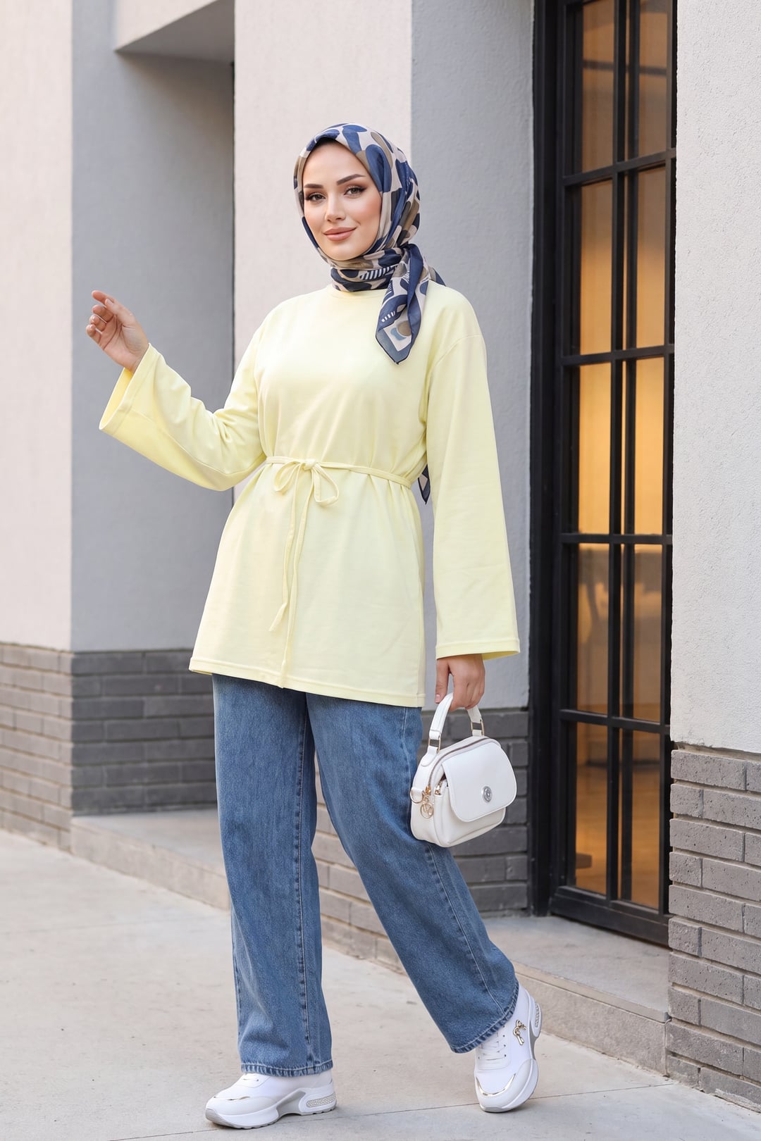 Round Neck Tie-Belt Knit Tunic - Pale Yellow - Podyumplus - by Peralane - photo 7