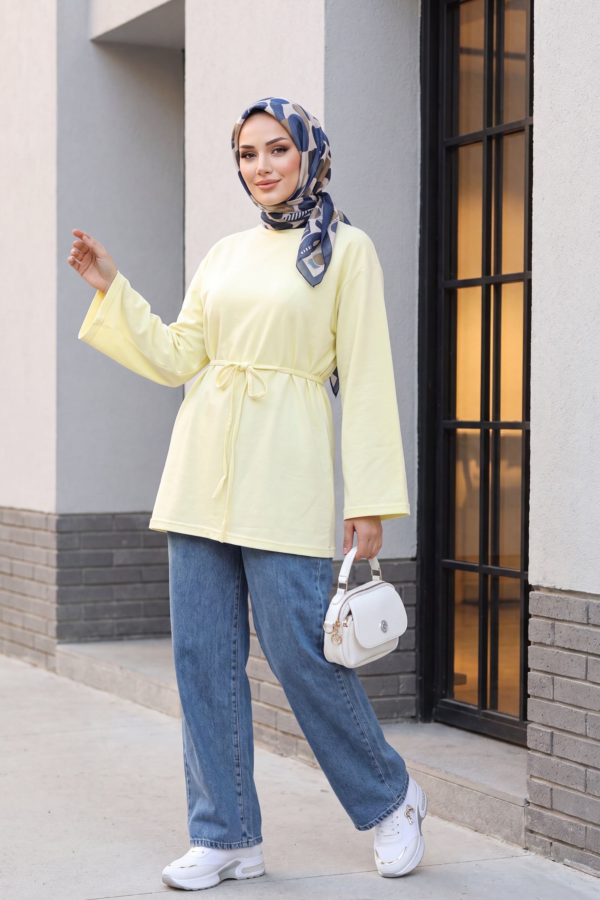 Round Neck Tie-Belt Knit Tunic - Pale Yellow - Podyumplus - by Peralane - photo 7