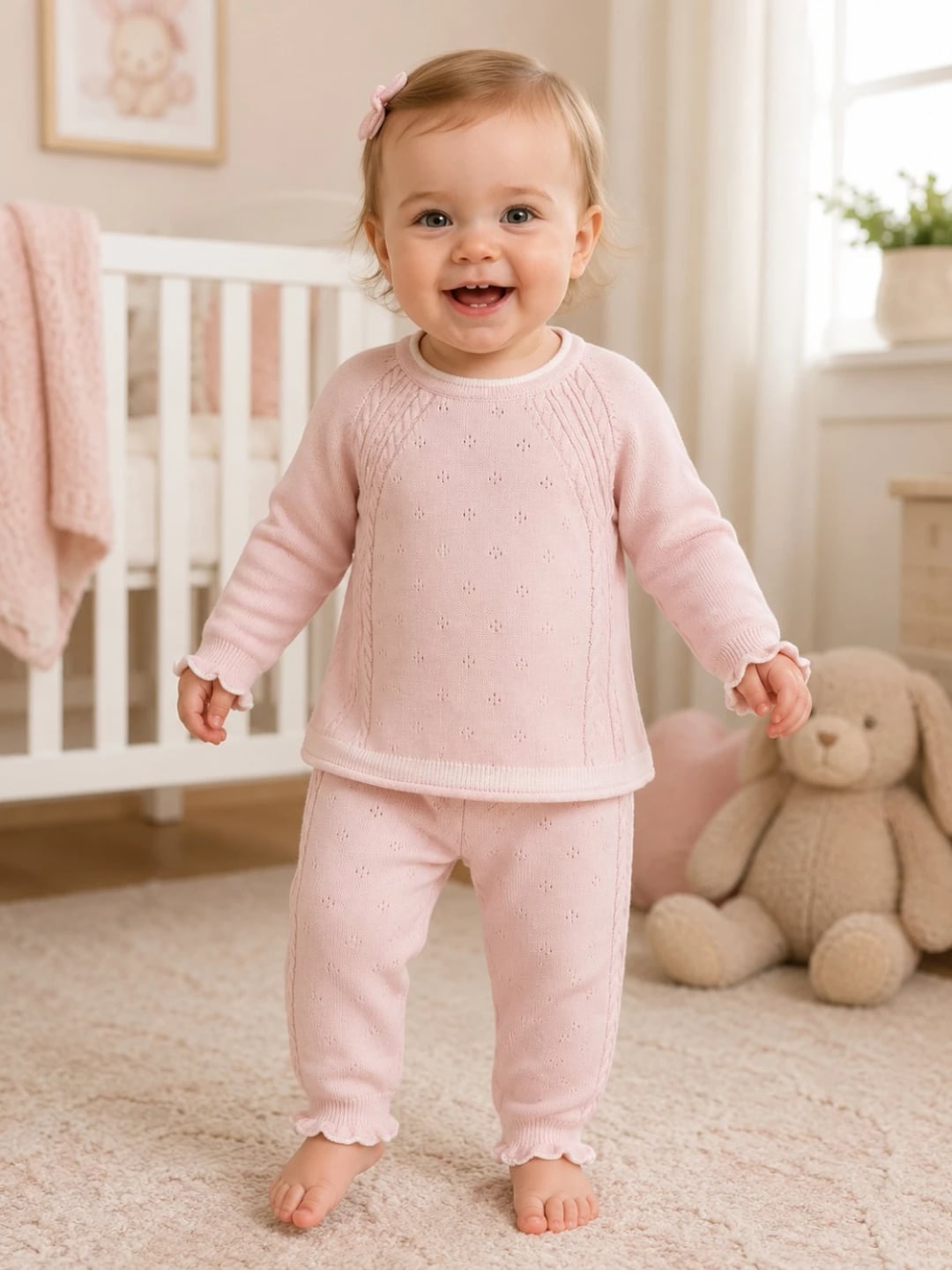 Pink Knitted Baby Set - Long Sleeve Top and Trousers - Has Bereket - by Peralane