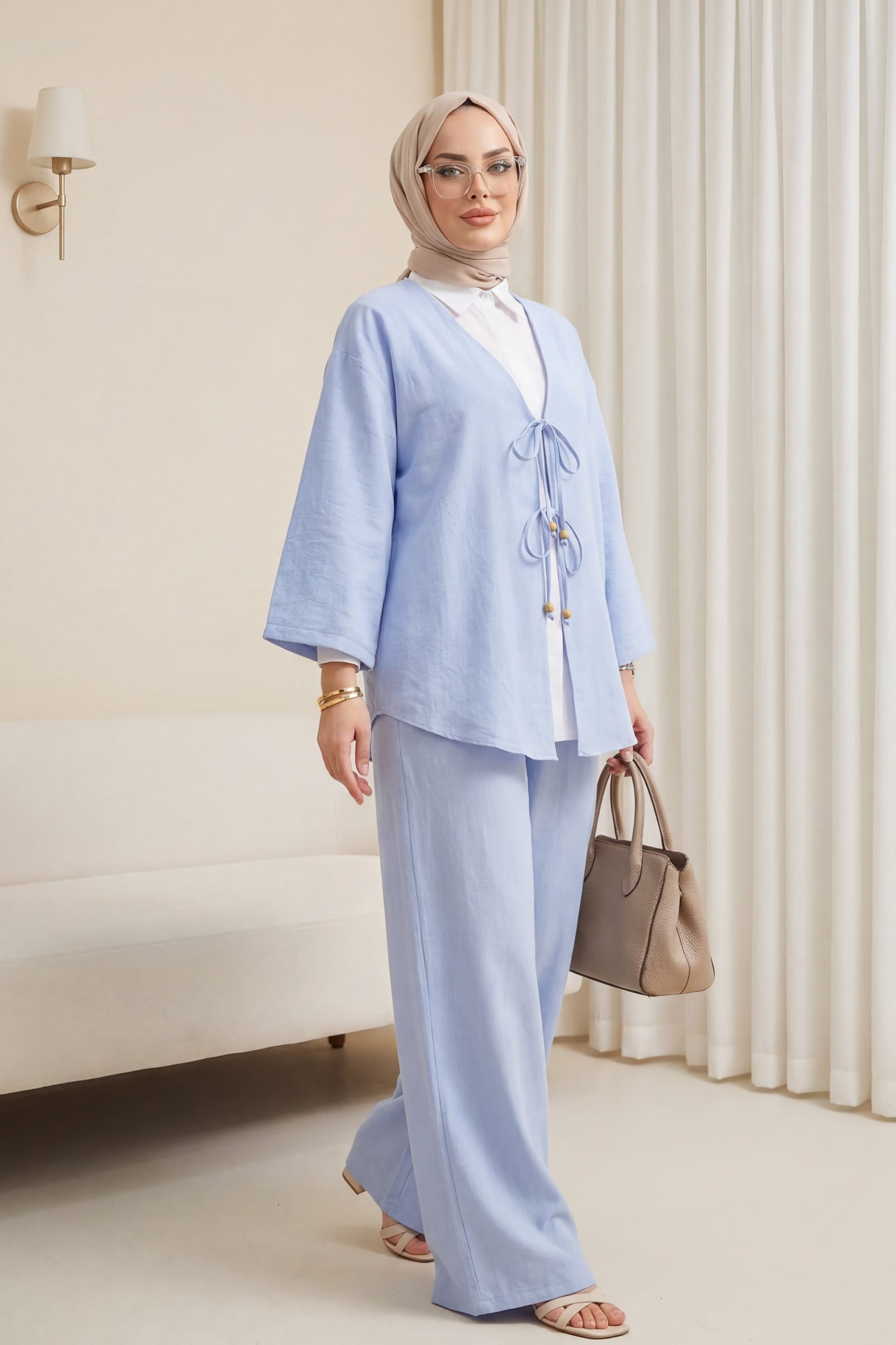 Women's Light Blue Longline Kimono Top and Wide-Leg Trousers Co-ord Set - Podyumplus - by Peralane