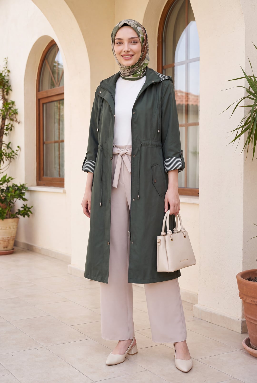 Women's Hooded Trench Coat with Striped Lining - Olive - Podyumplus - by Peralane - photo 2