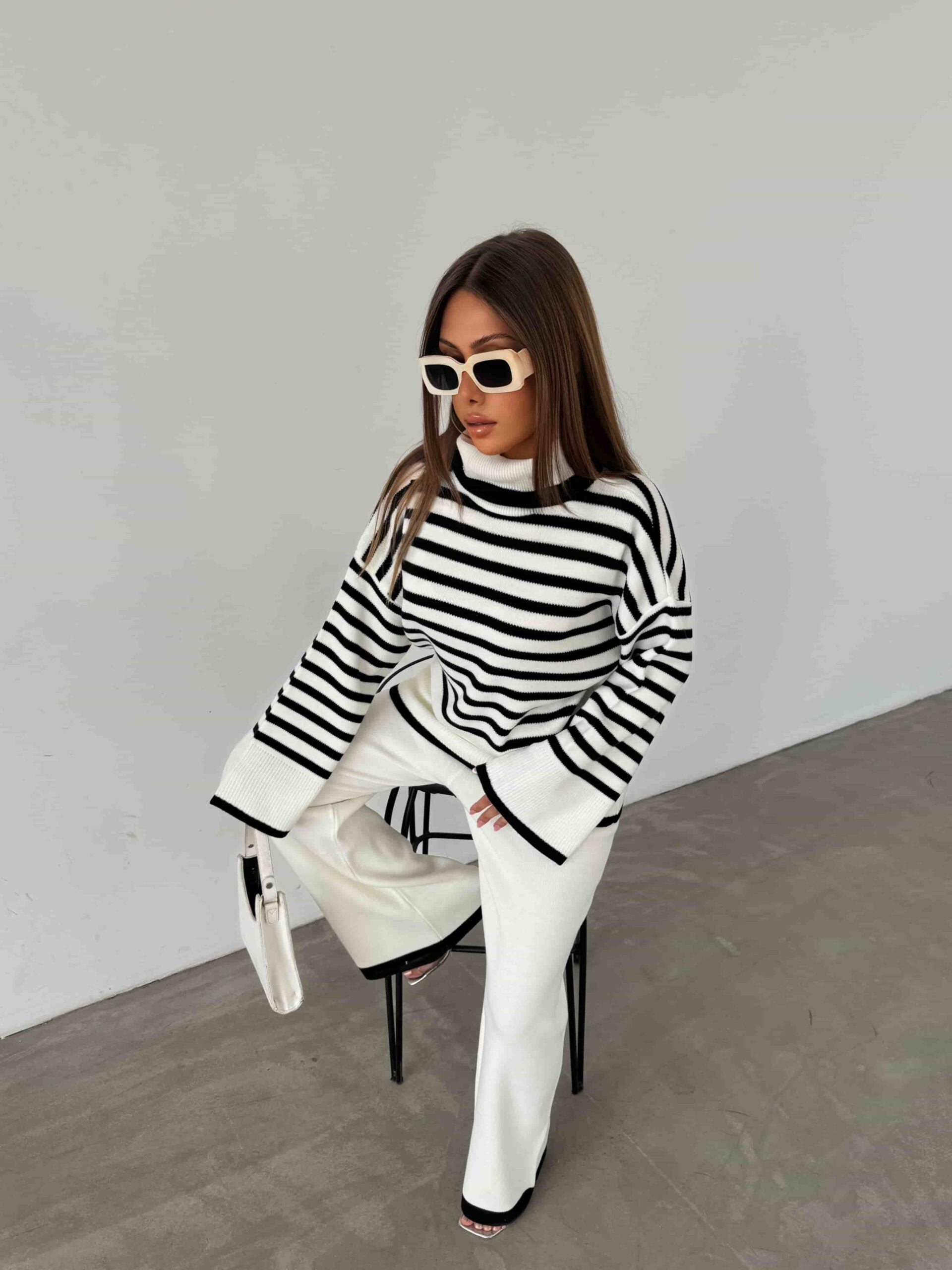 Women's Striped Turtleneck Knit Set with Wide-Leg Trousers - My Bee - by Peralane - photo 5