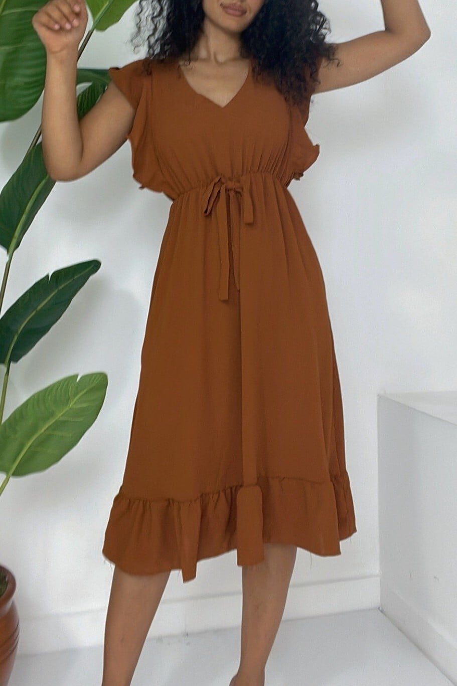 Rust Midi Dress with Flutter Sleeves and Tie Waist - Rust - Podyumplus - by Peralane - photo 2