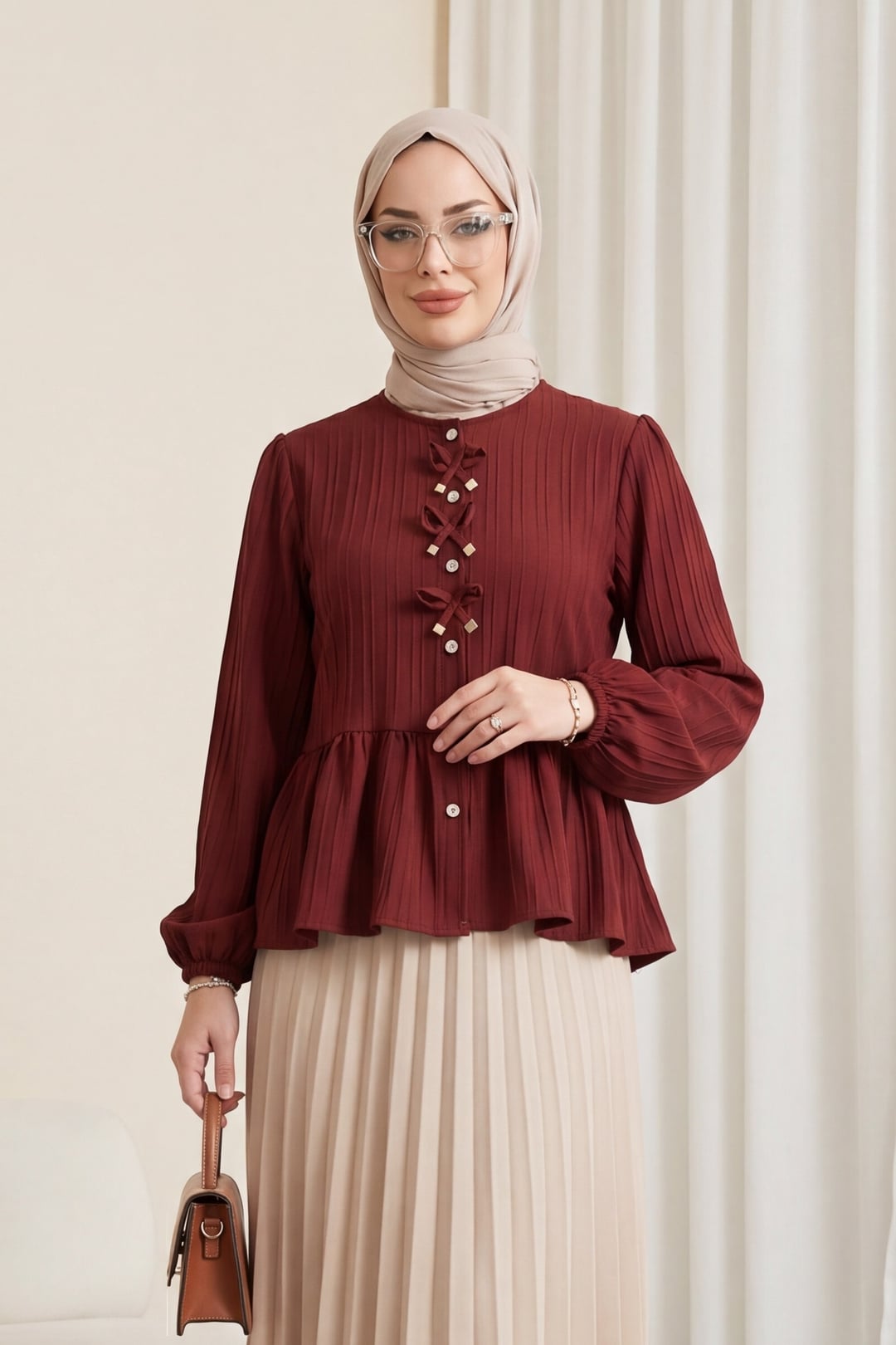 Front Bow Detail Buttoned Blouse with Elastic Cuffs - Burgundy - Podyumplus - by Peralane - photo 3