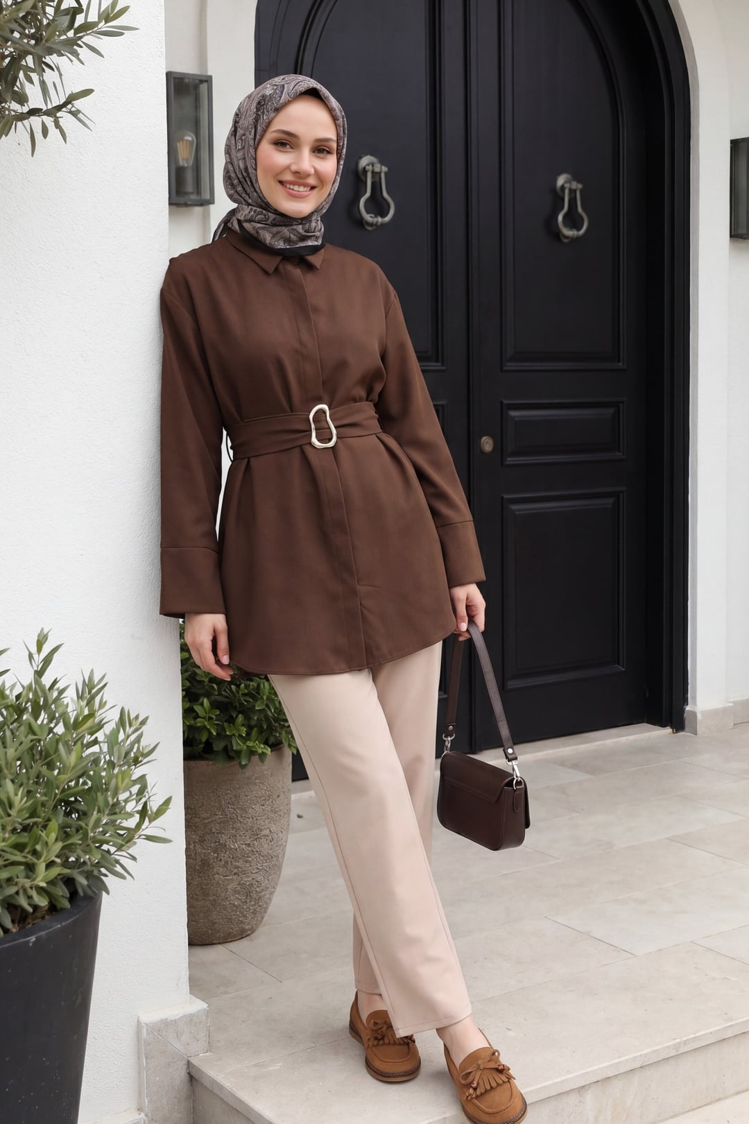 Belted Double Cuff Poplin Tunic - Dark Brown - Podyumplus - by Peralane - photo 6