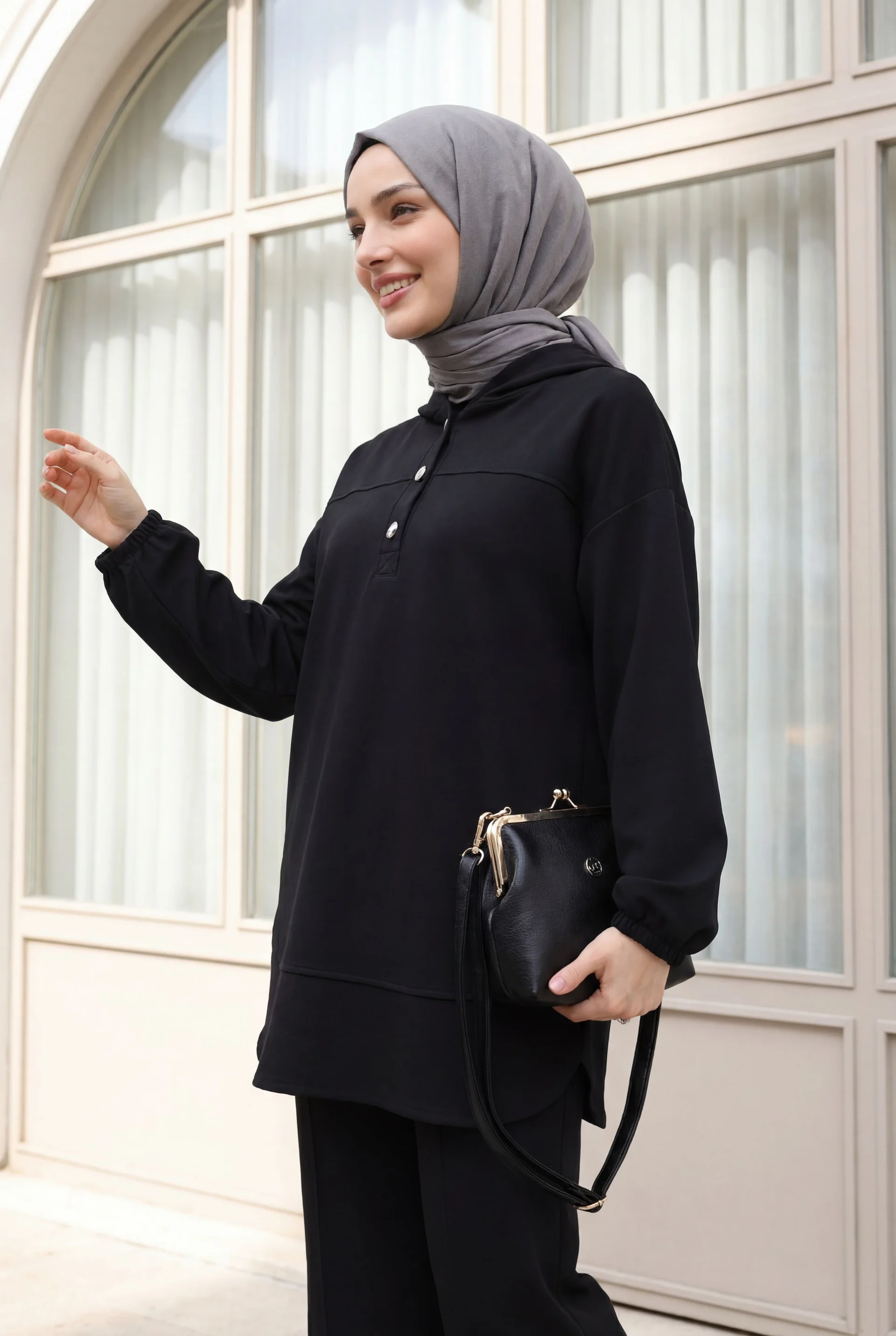 Hooded Half-Button Top and Pocket Wide-Leg Trousers Two-Piece Set in Black - Podyumplus - by Peralane - photo 2