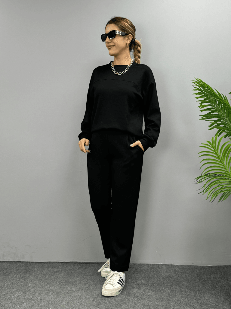 Black Viscose Two-Thread Long Sleeve Crew Neck Sweatshirt and Trousers Set - Janes - by Peralane