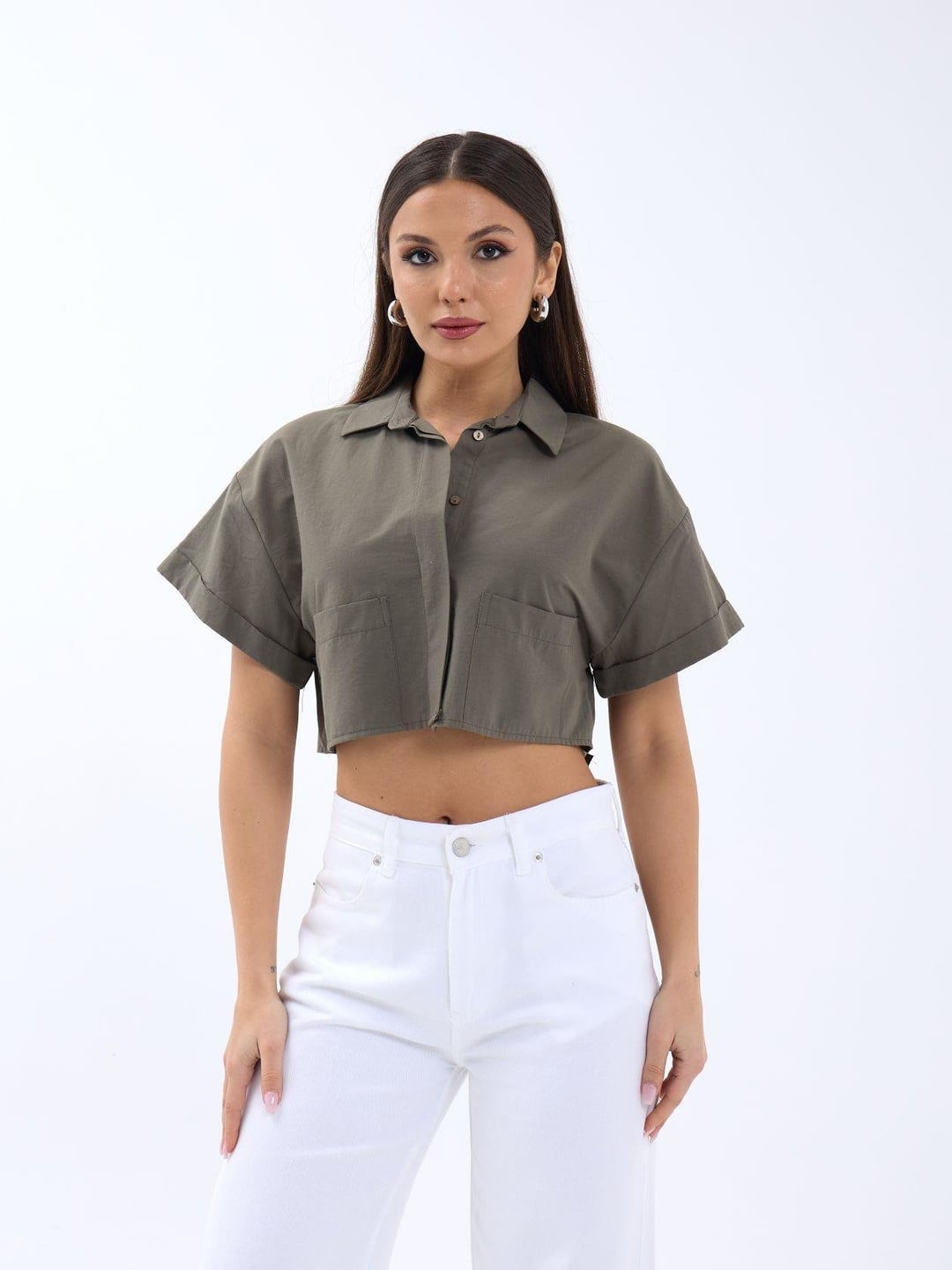 Olive Green Cropped Blouse with Collar - Fame - by Peralane