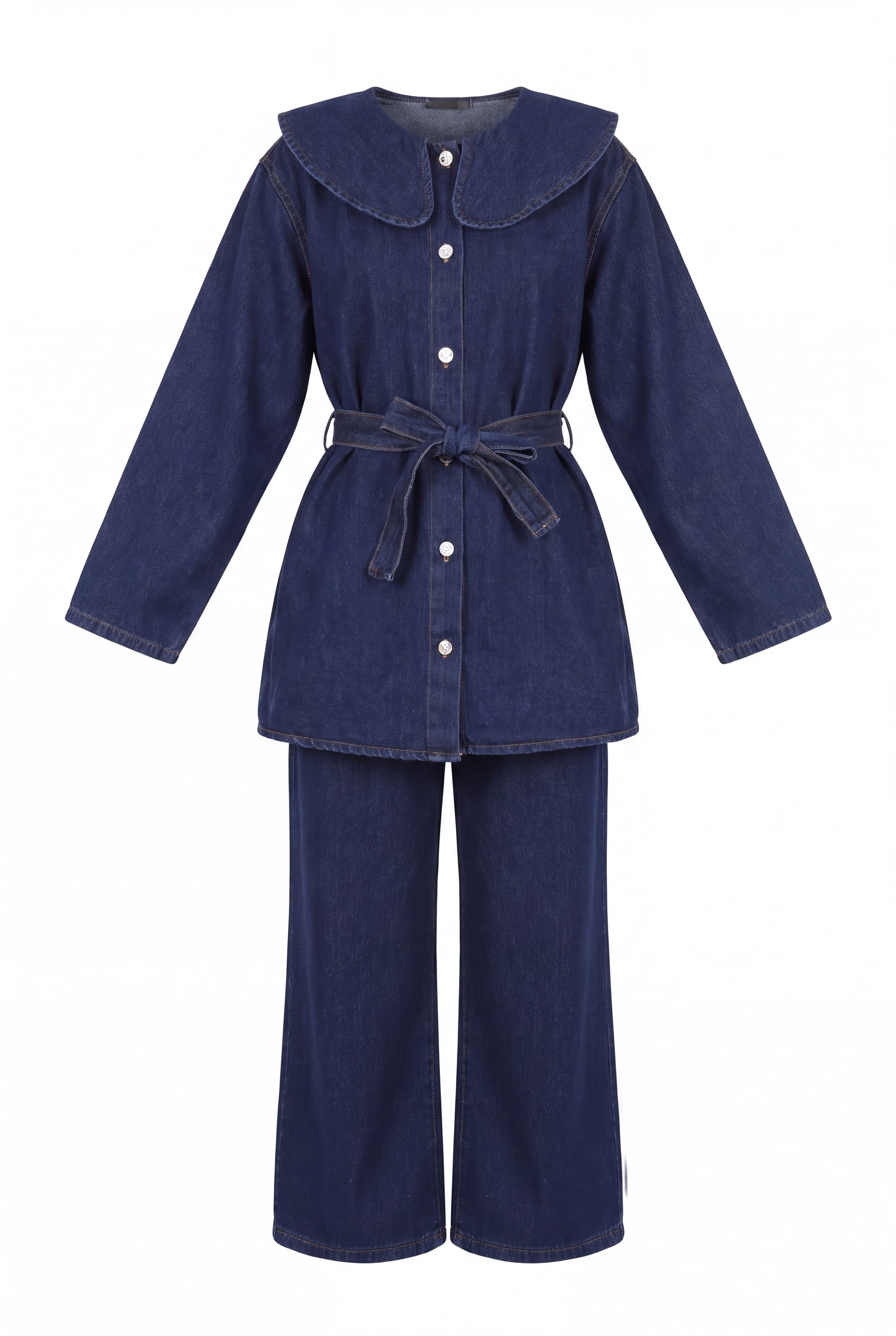 Baby Collar Tie-Waist Button-Front Denim Trouser Set - Navy - Podyumplus - by Peralane - photo 4