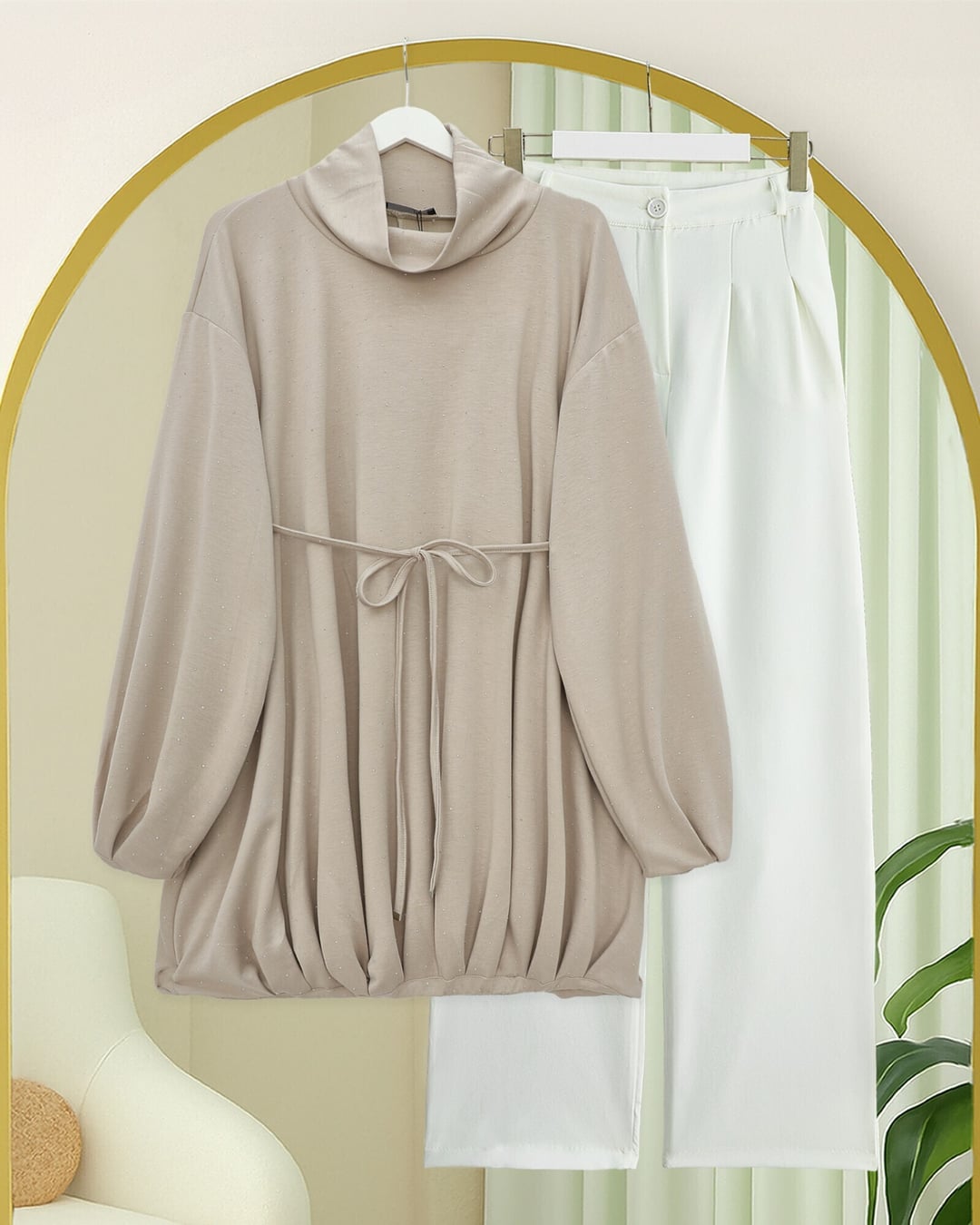 Half-Neck Drawstring Waist Sweatshirt Tunic - Light Beige - Podyumplus - by Peralane - photo 5