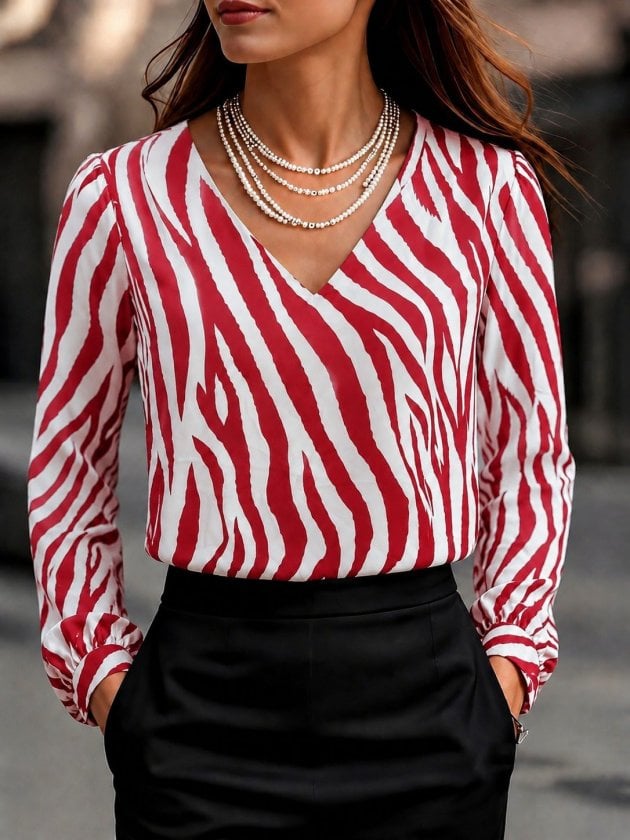 Women's Long Sleeve V-Neck Zebra Print Blouse - Janes - by Peralane