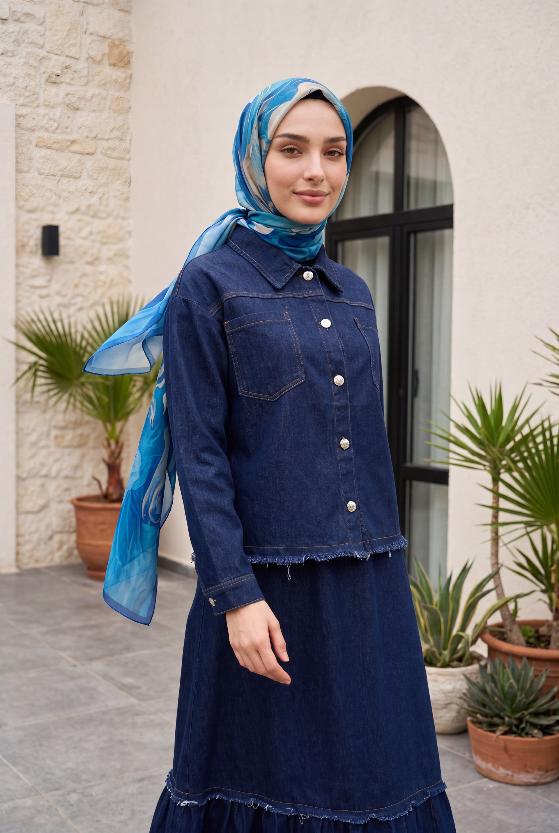 Women's Denim Two-Piece Set with Shirt Collar and Frayed Hem - Dark Navy - Podyumplus - by Peralane - photo 4