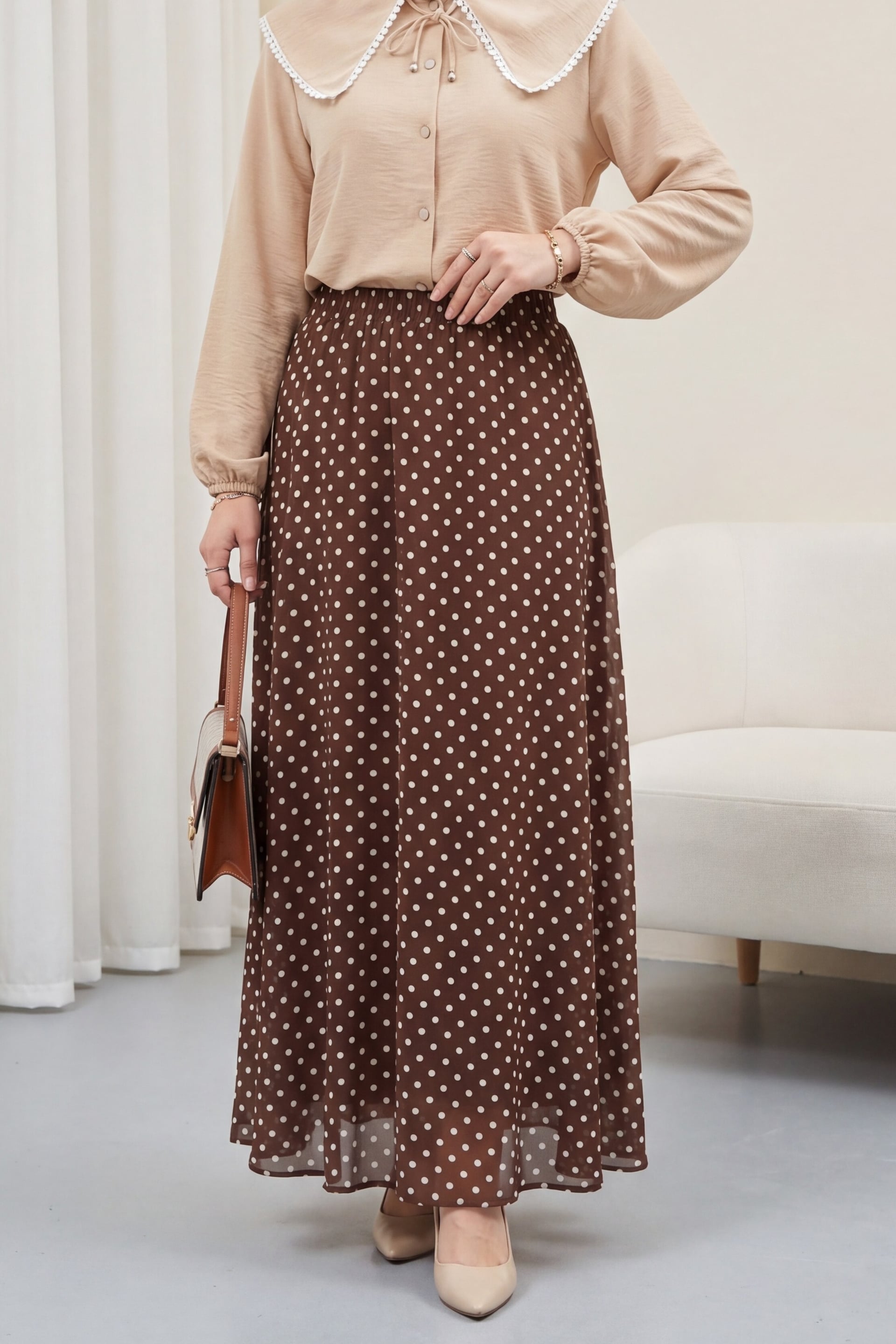 Polka Dot Elasticated Waist Lined Chiffon Skirt - Brown - Podyumplus - by Peralane