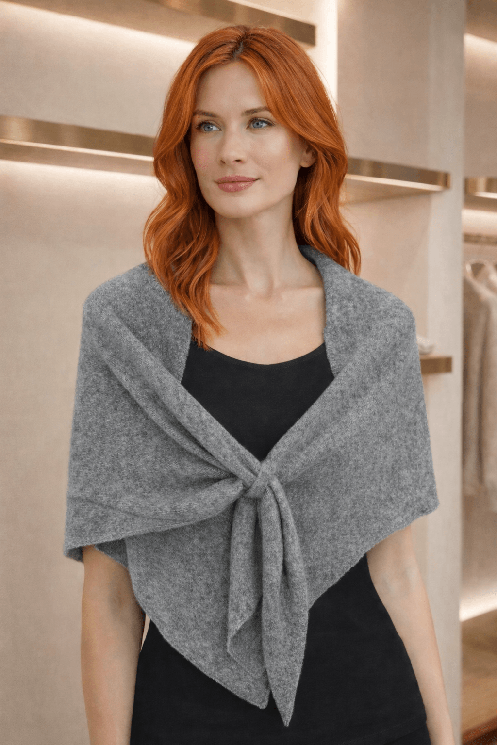 Grey Melange Knit Triangle Shawl with Inside Knot for Women - Nesvay - by Peralane - photo 3