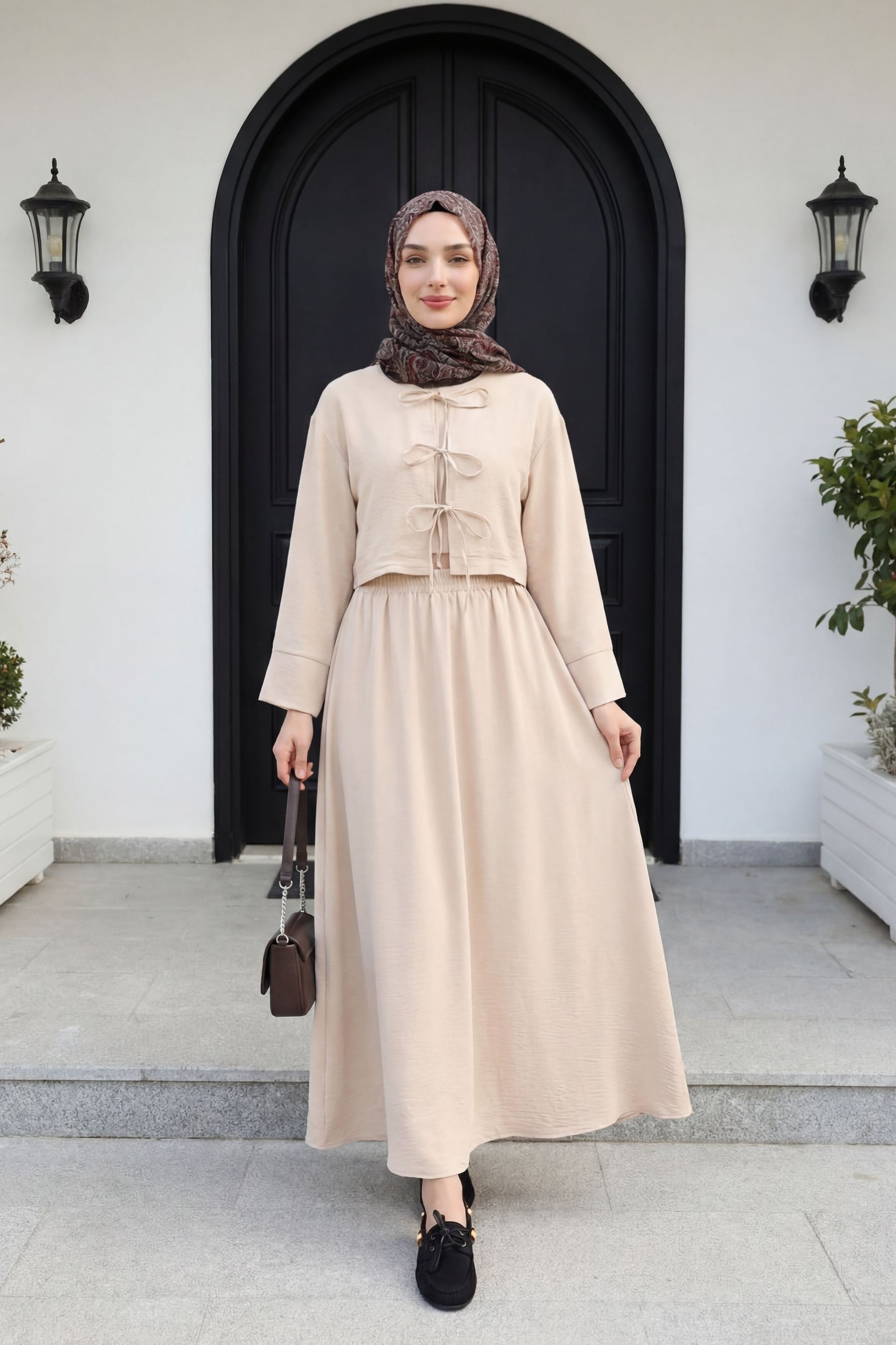 Beige Linen Look Two-Piece Set with Tie Front and Elasticated Waist Skirt - Podyumplus - by Peralane