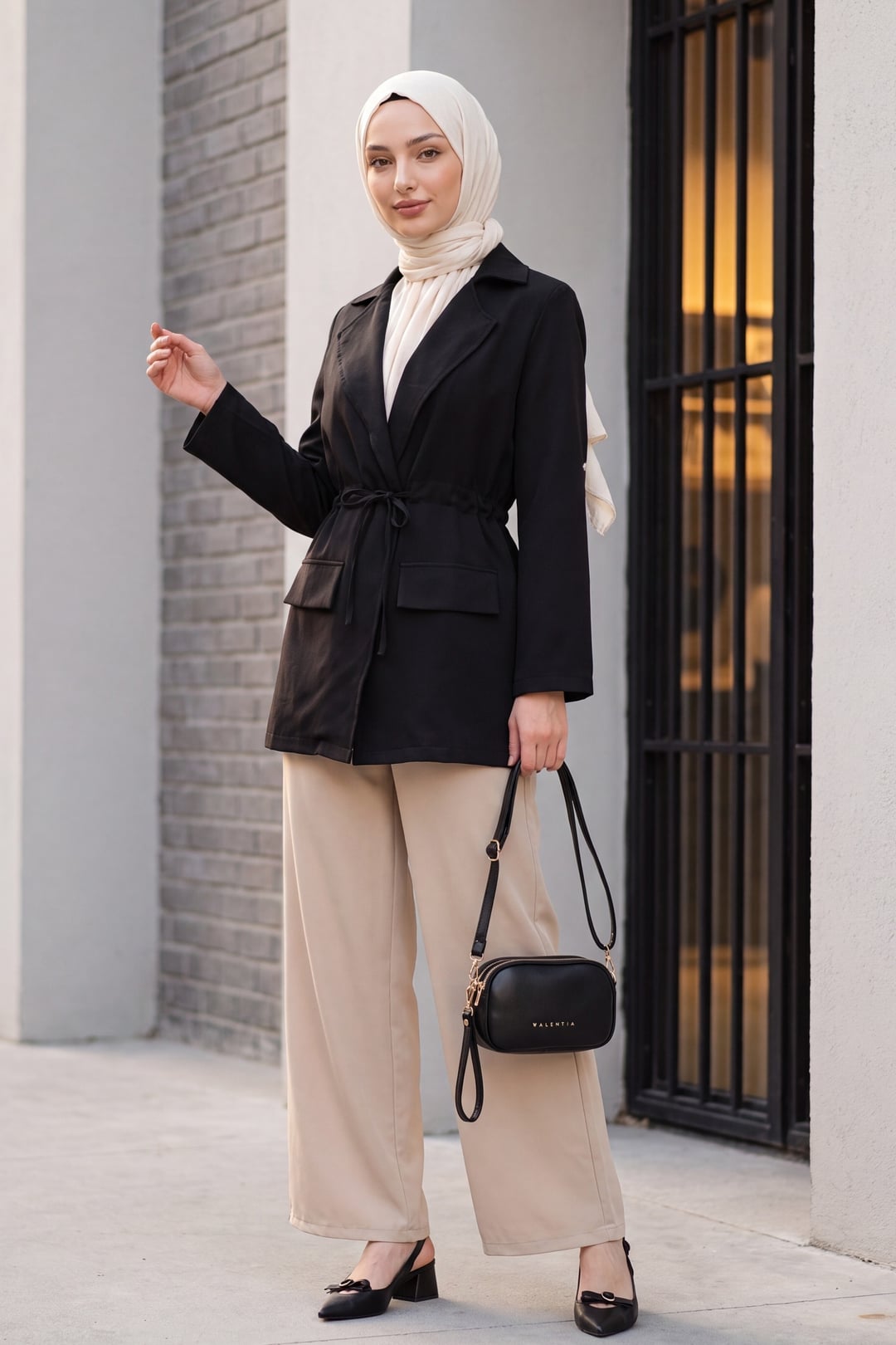 Tunnel Drawstring Pocket Detail Linen-Look Kimono - Black - Podyumplus - by Peralane - photo 5