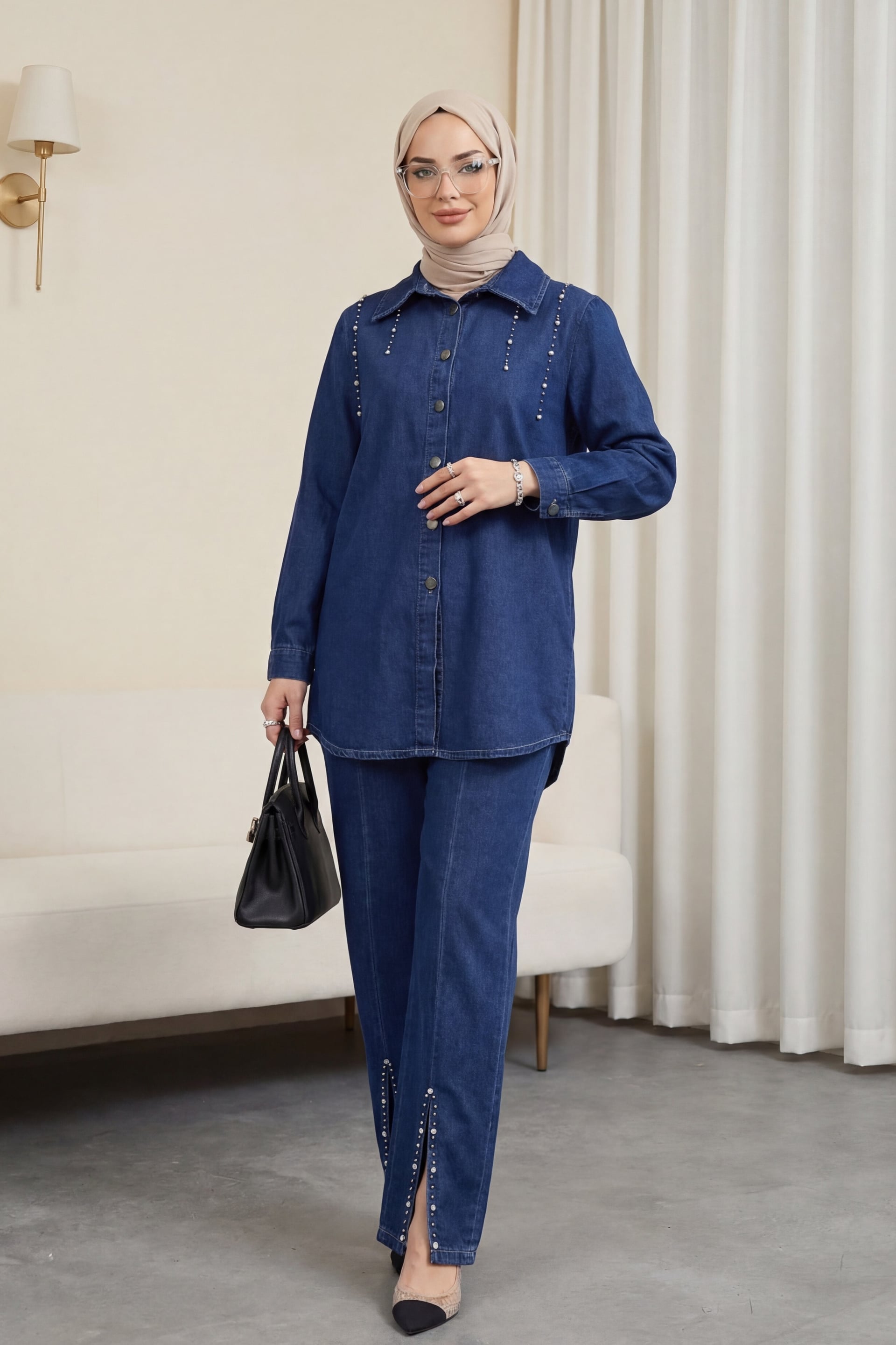 Women's Two-Piece Denim Co-ord Set with Slit Hem and Beaded Details - Navy - Podyumplus - by Peralane