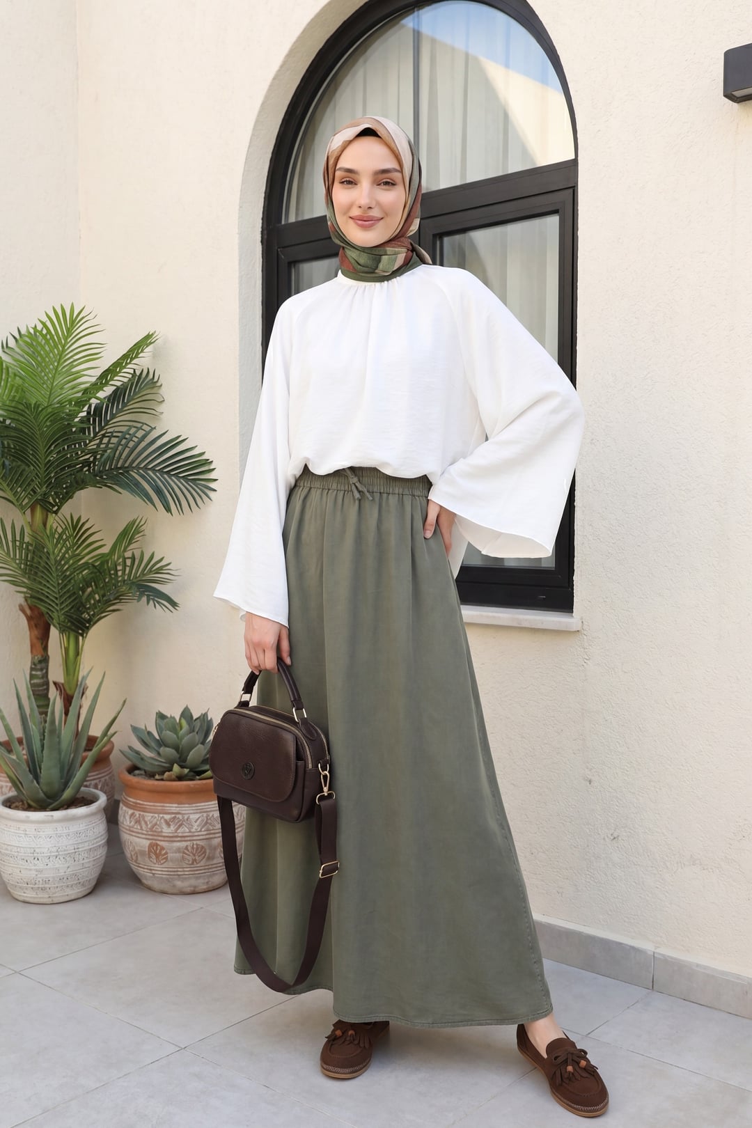 Elasticated Waist Drawstring Pocket Tencel Skirt - Olive Green - Podyumplus - by Peralane - photo 3