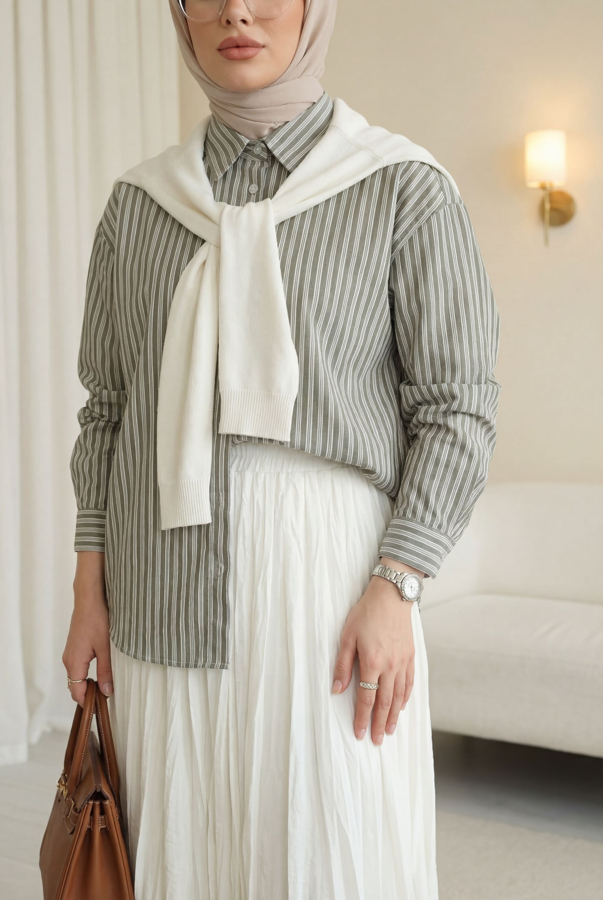 Striped Viscose Shirt with Knit Scarf Detail - Olive Green - Podyumplus - by Peralane
