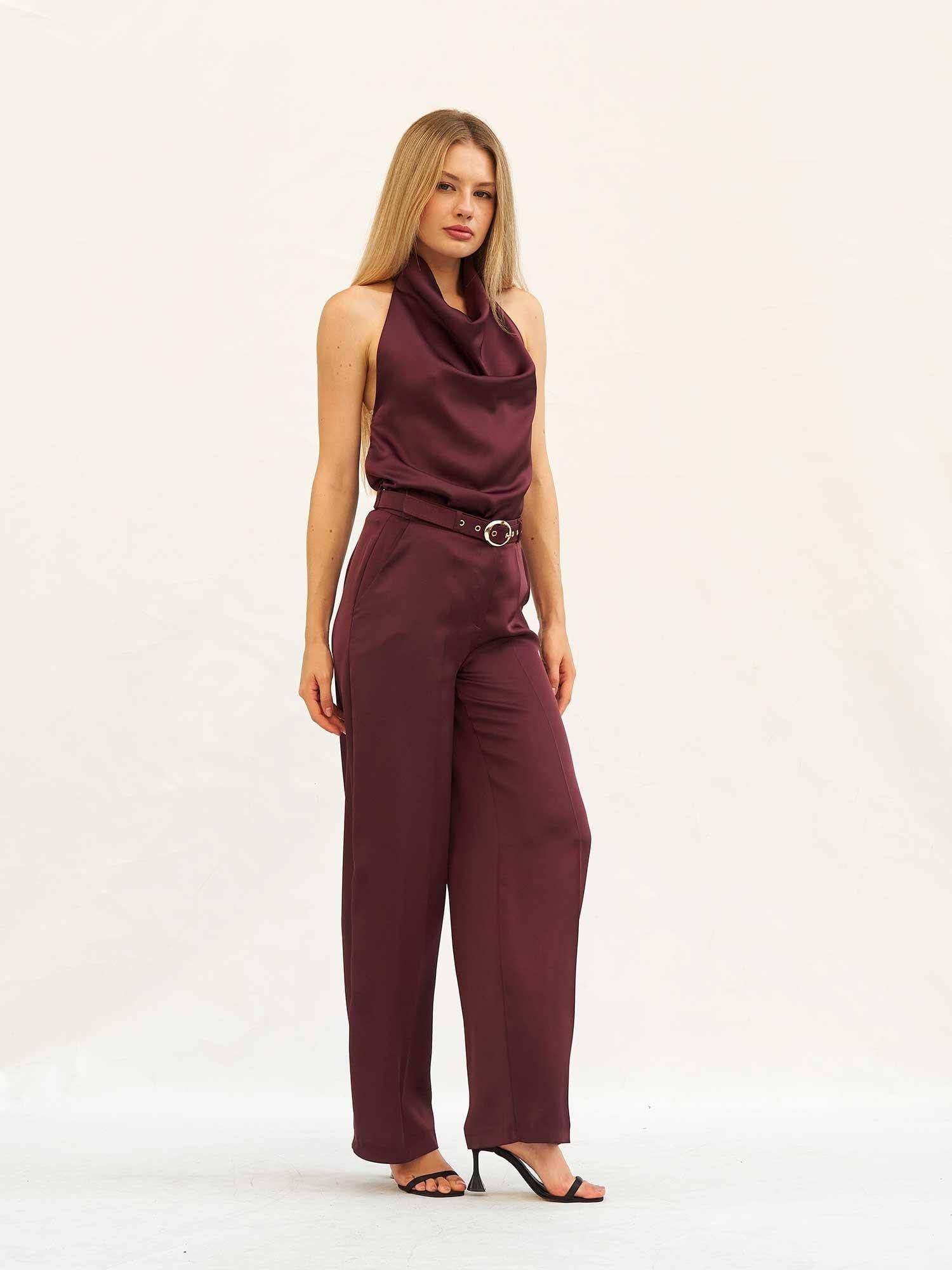 Belted Satin Wide-Leg Trousers with Matching Top Set - Plum - Lefon - by Peralane - photo 2