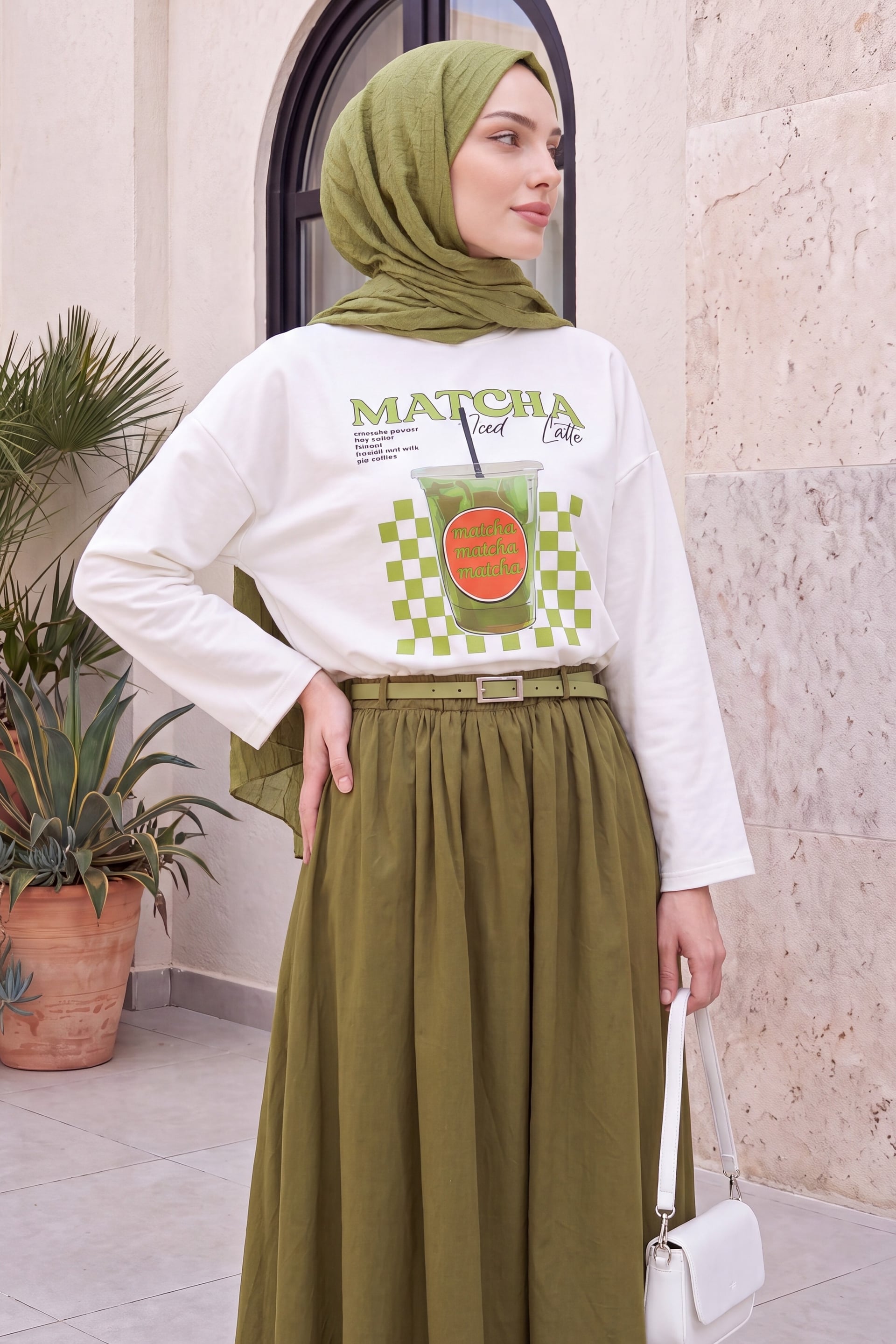 Matcha Print Crew Neck Oversize 2-Thread Fleece Sweatshirt - Ecru - Podyumplus - by Peralane - photo 2