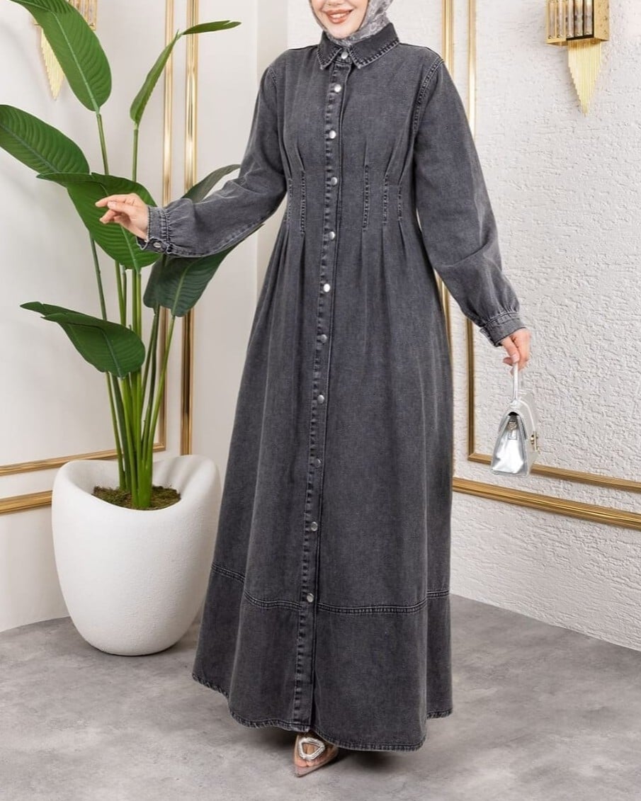 Pleated Full-Length Button-Front Denim Dress with Pockets - Smoke - Podyumplus - by Peralane - photo 3