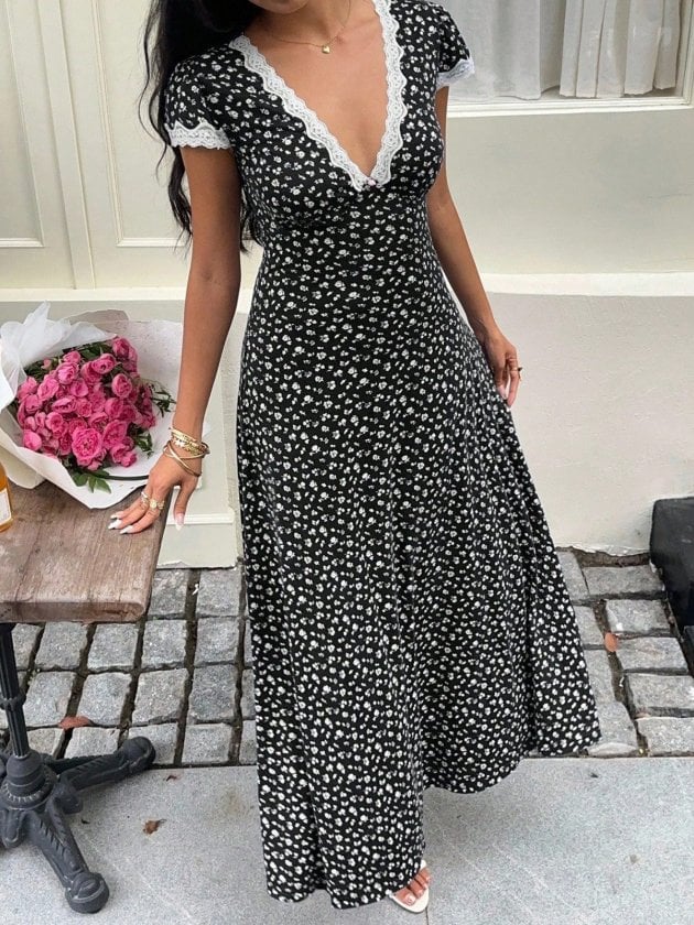 Women's Short Sleeve Deep V-Neck Lace Detail Floral Print Long Suprem Dress - Janes - by Peralane