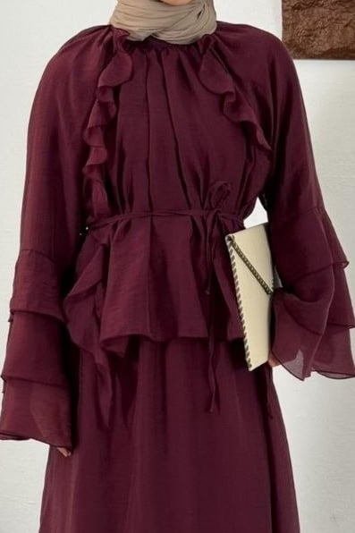 Ruffled Front Spanish Sleeve Lined Laced Skirt Cupra Set - Burgundy - Podyumplus - by Peralane - photo 6