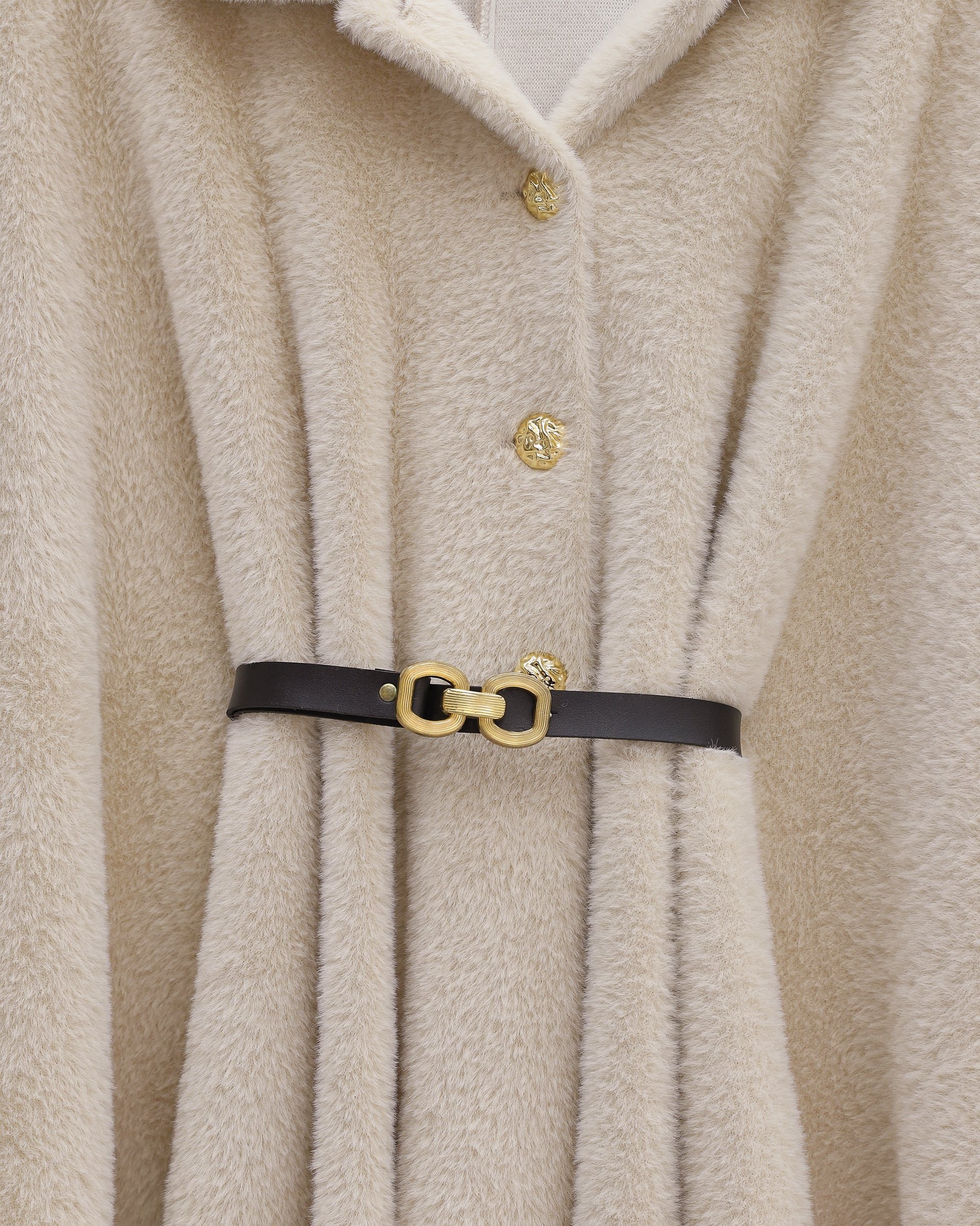 Gold Button Detail Belted Alcantara Cape - Beige - Podyumplus - by Peralane - photo 5