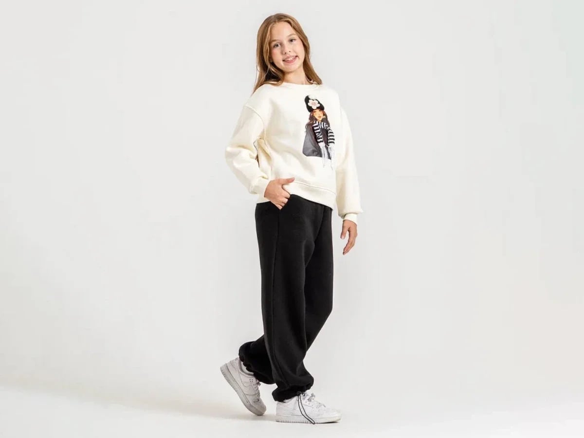 Girls' Printed Sweatshirt and Trousers Set - Black - ÖZ Bebe - by Peralane