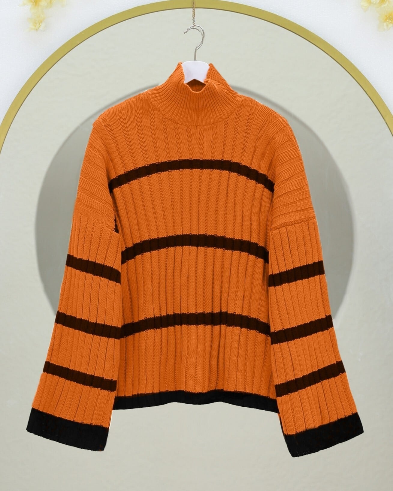 Orange Striped Knit Sweater with Flared Sleeves - Podyumplus - by Peralane - photo 3