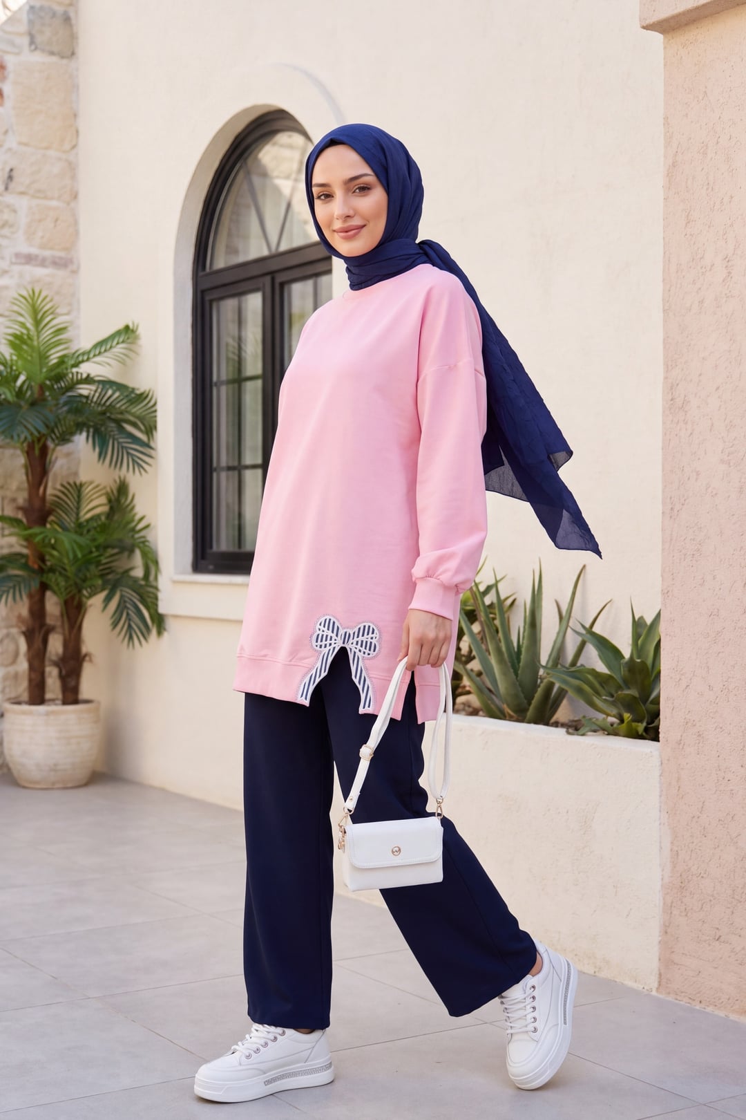 Round Neck Bow Detail Casual Knit Tunic - Powder Pink - Podyumplus - by Peralane - photo 6