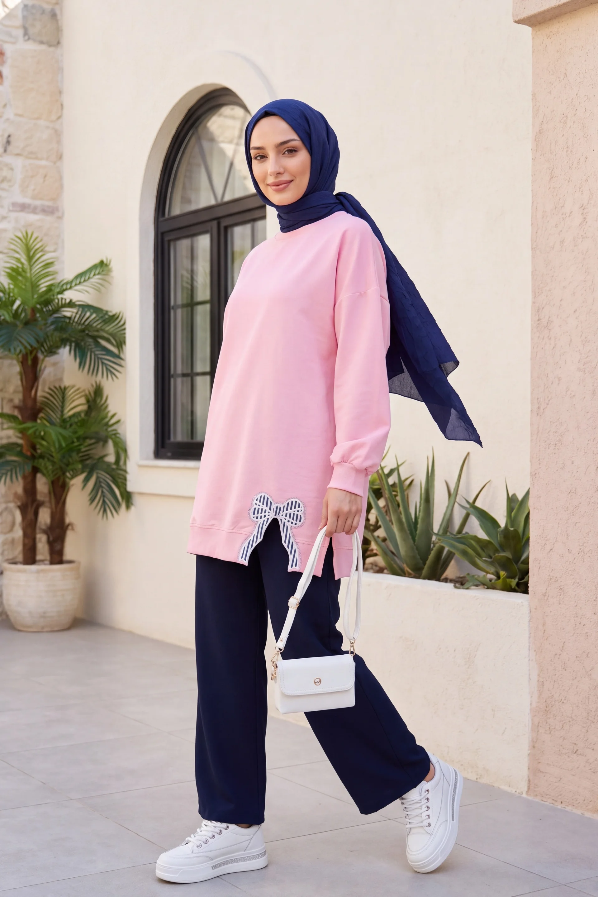 Round Neck Bow Detail Casual Knit Tunic - Powder Pink - Podyumplus - by Peralane - photo 6