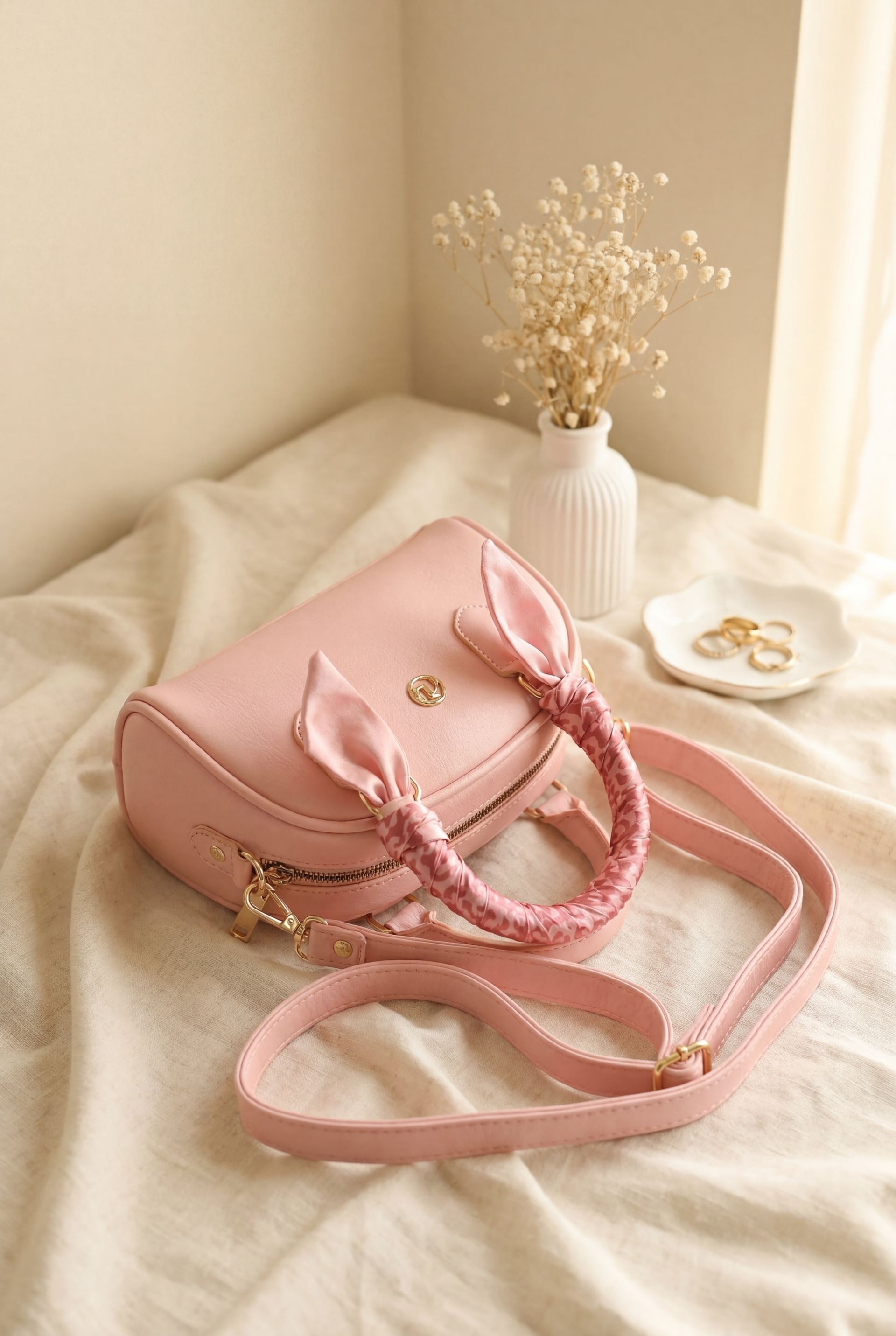 Scarf Detail Zippered Long Strap Handbag - Powder Pink - Podyumplus - by Peralane