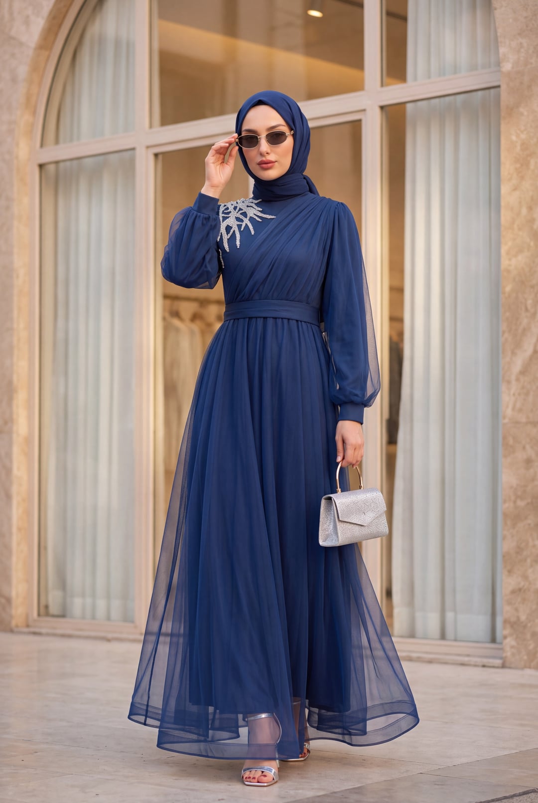 Navy Blue Stone Detail Draped Tulle Evening Dress with Belt - Podyumplus - by Peralane - photo 2