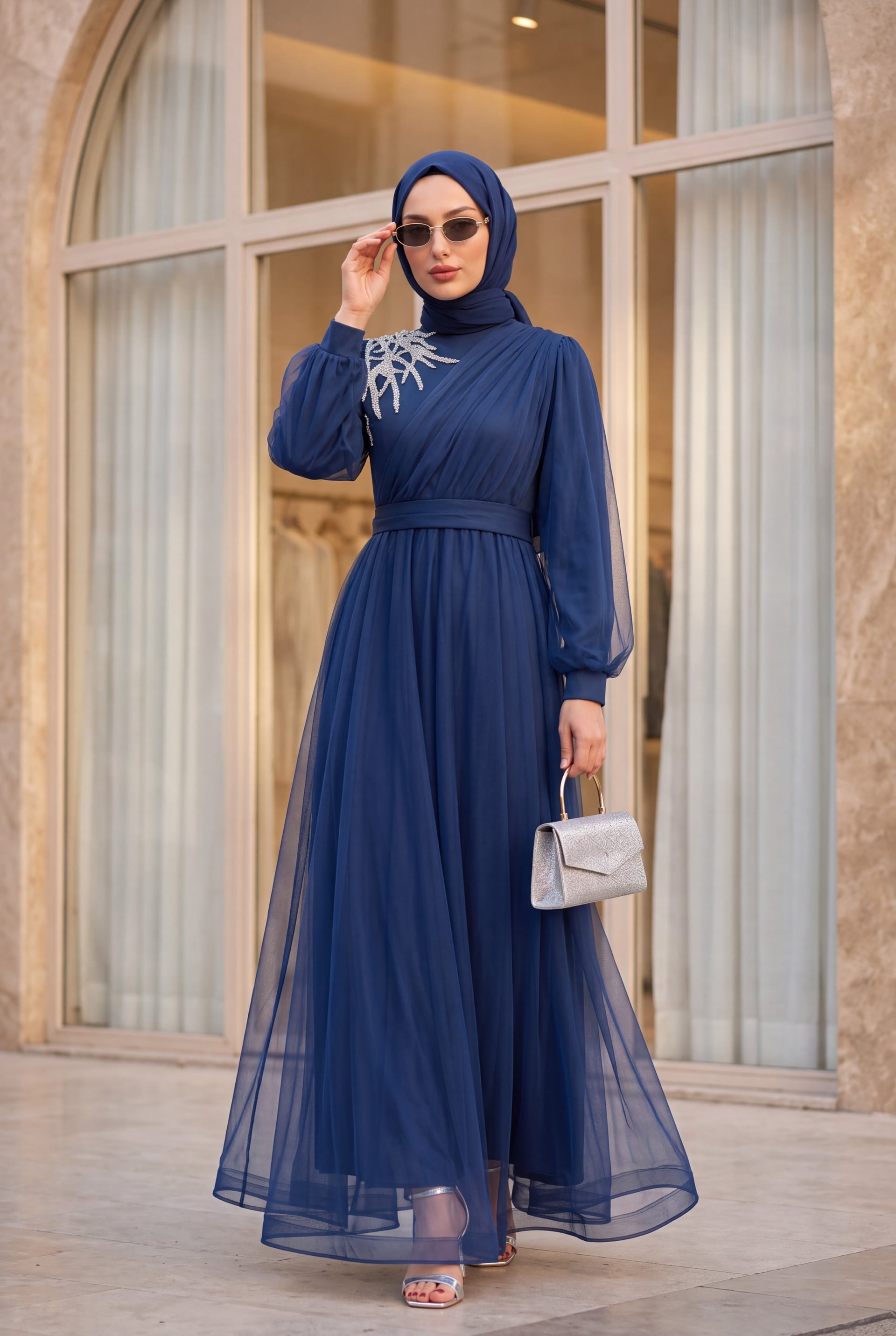 Navy Blue Stone Detail Draped Tulle Evening Dress with Belt - Podyumplus - by Peralane - photo 2