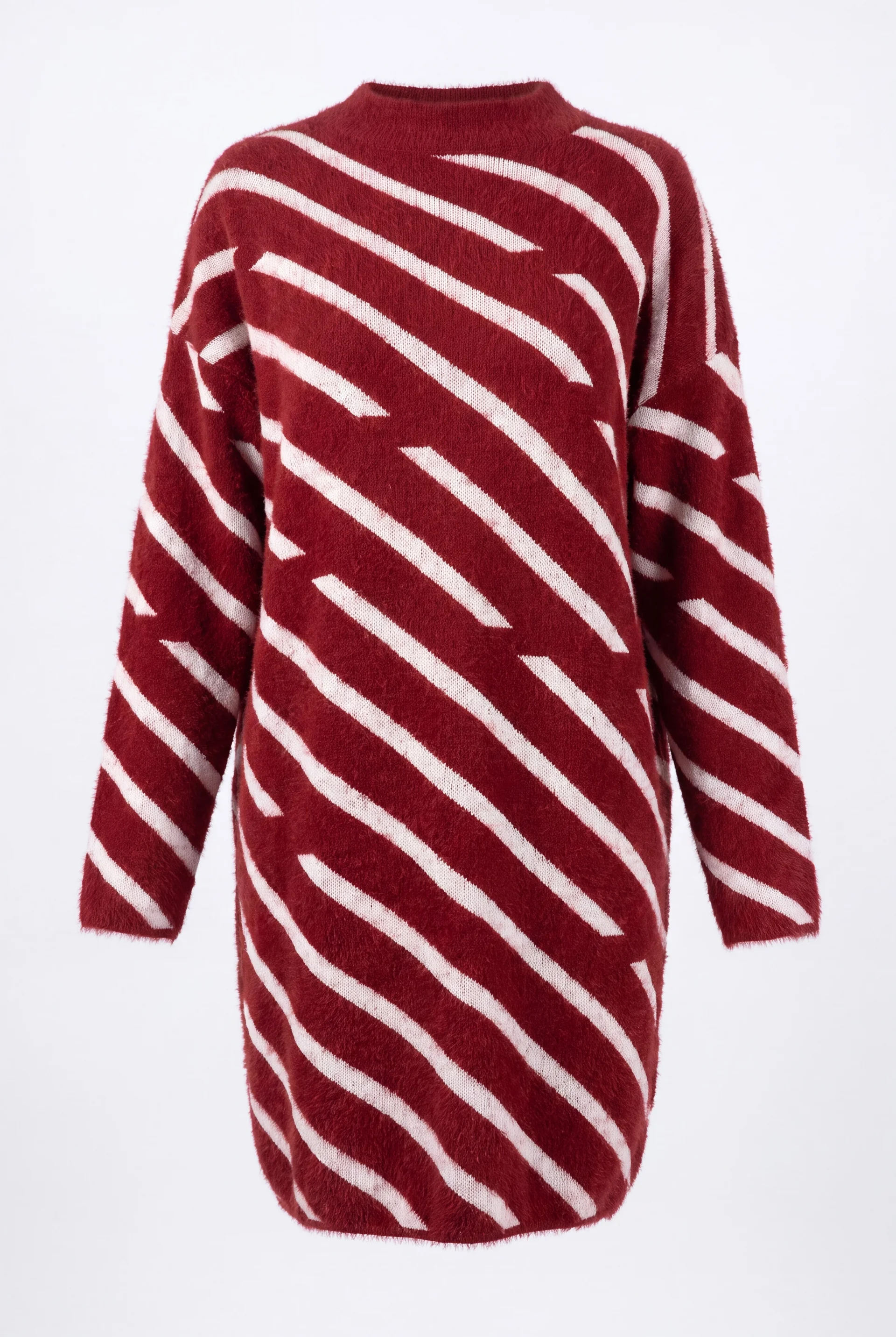 Women's Maroon and White Diagonal Stripe Half-Turtleneck Knit Tunic - Podyumplus - by Peralane - photo 2