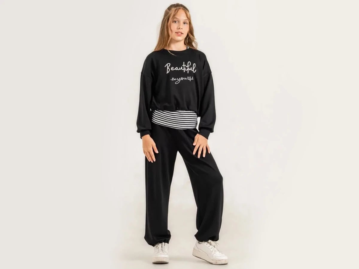 Girls' Printed Crop Sweatshirt and Trousers Set - Black - ÖZ Bebe - by Peralane