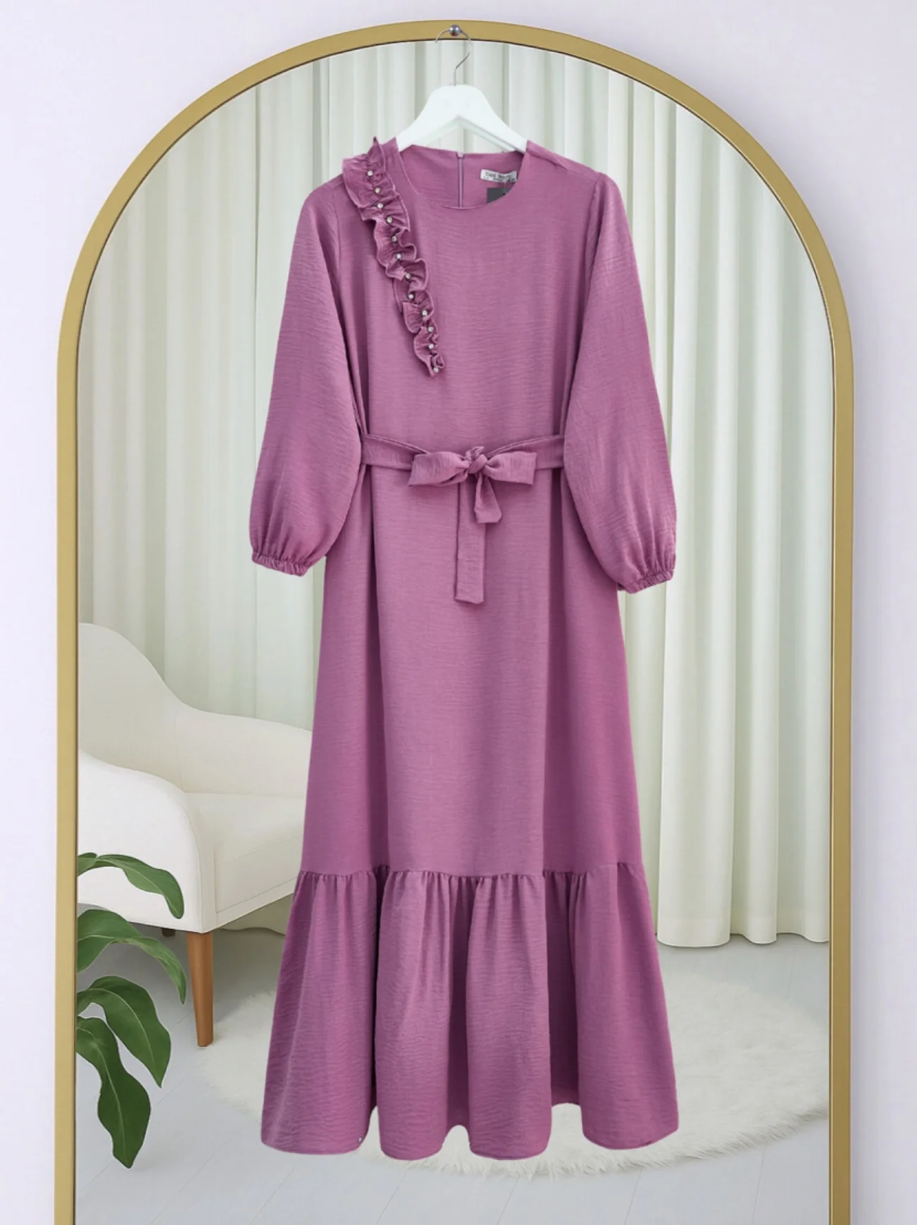 Ruffled Stone-Detailed Tiered Belted Ayrobin Dress - Cherry - Podyumplus - by Peralane - photo 3