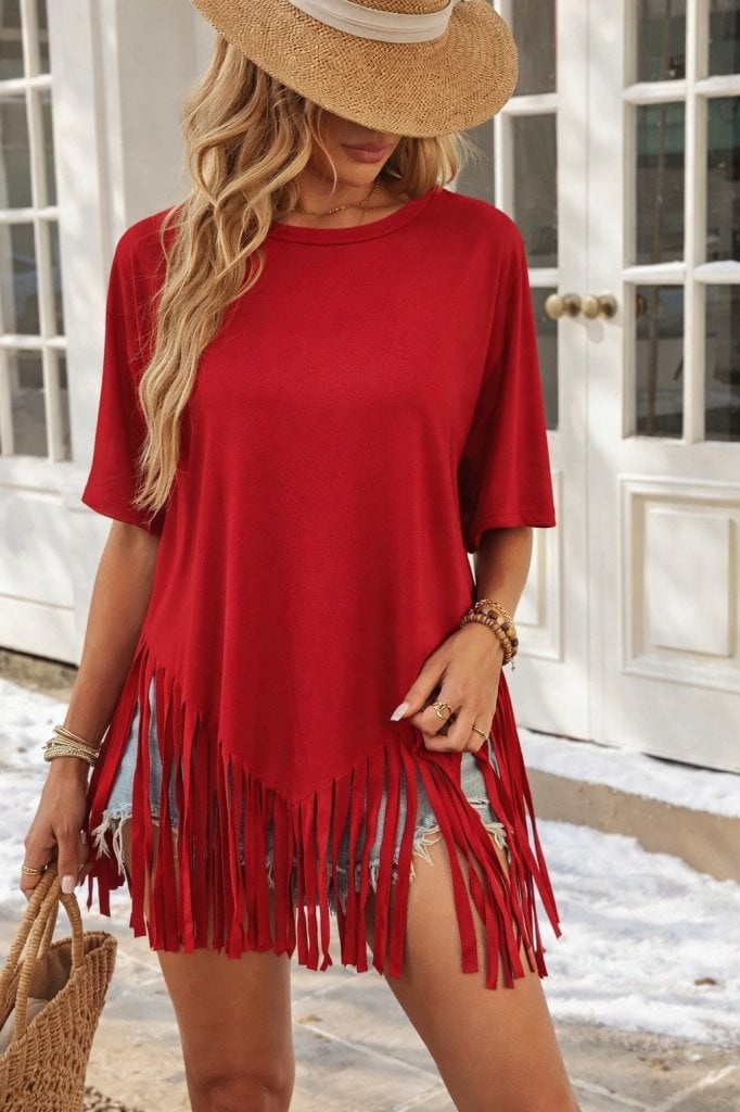 Women's Red Short-Sleeve Fringed Hem Viscose Blouse - Janes - by Peralane - photo 3