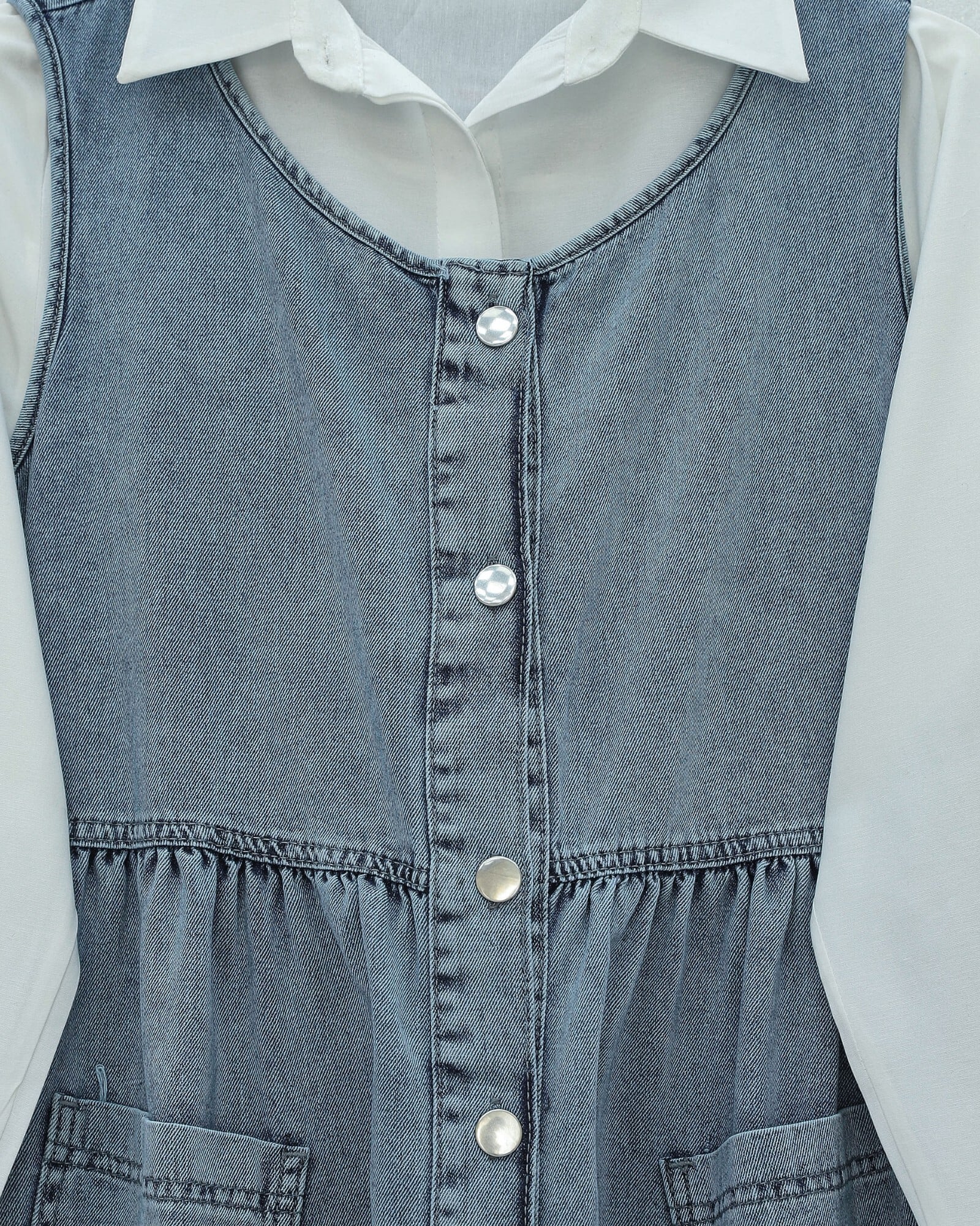 Half-Button Double Pocket Sleeveless Denim Pinafore Dress - Ice Blue - Podyumplus - by Peralane - photo 5