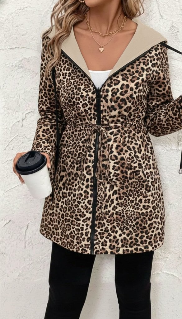 Women's Beige Leopard Print Long Sleeve Hooded Zip Jacket with Pockets - Janes - by Peralane - photo 2