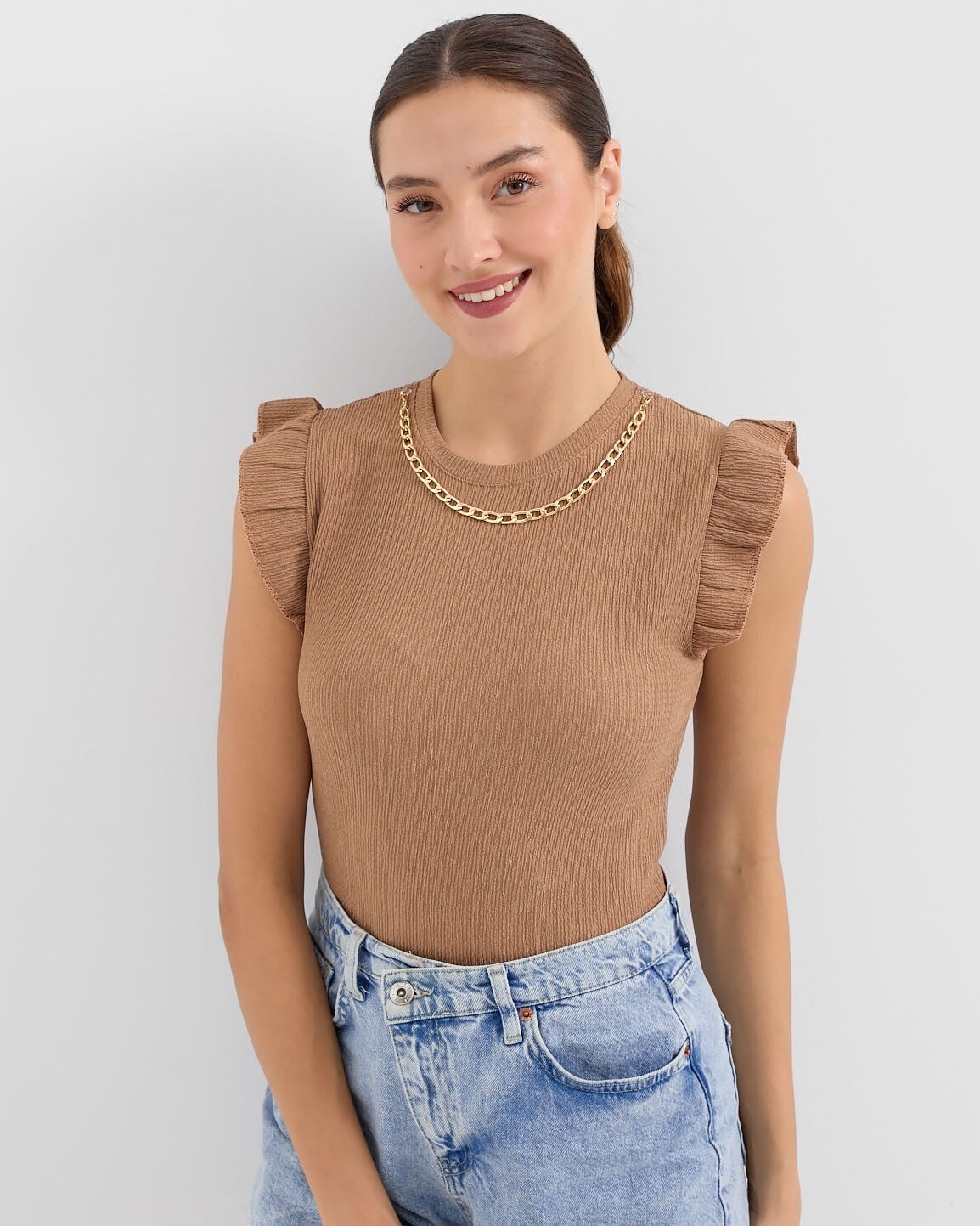 Women's Ribbed Knit T-Shirt with Ruffled Cap Sleeves - Caramel - Bigdart - by Peralane
