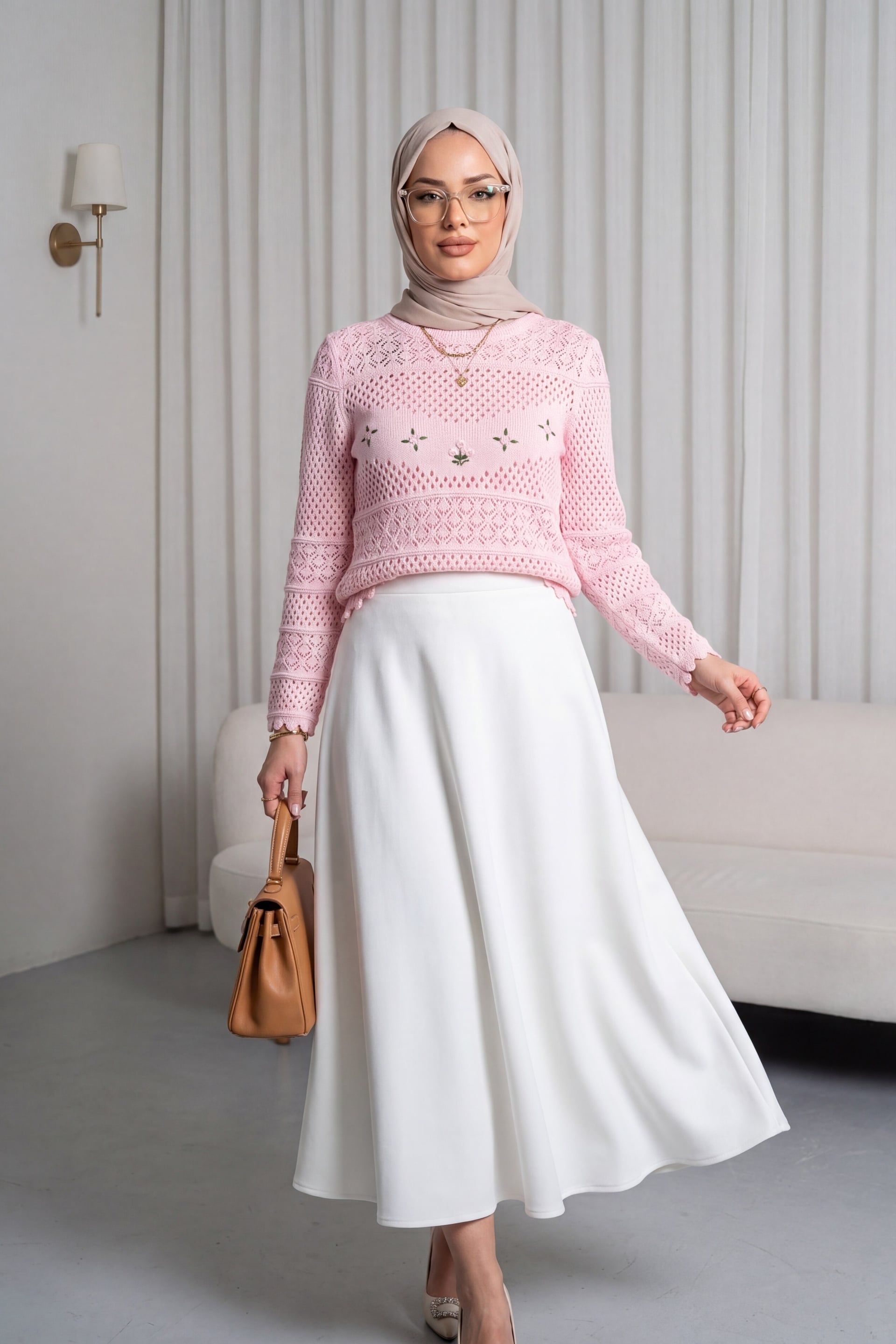 Floral Embroidered Open-Knit Acrylic Sweater - Powder Pink - Podyumplus - by Peralane - photo 2